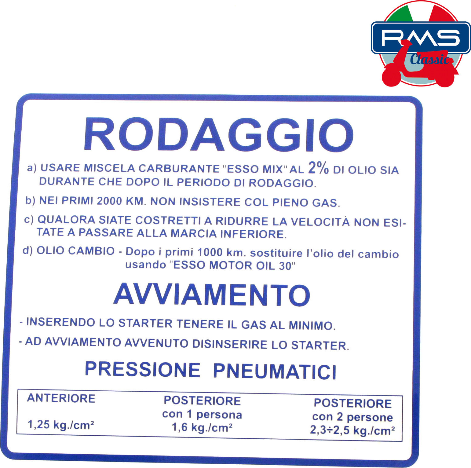 Schild RMS “ RODAGGIO “ blau für Vespa 50, 610170M003 142721070