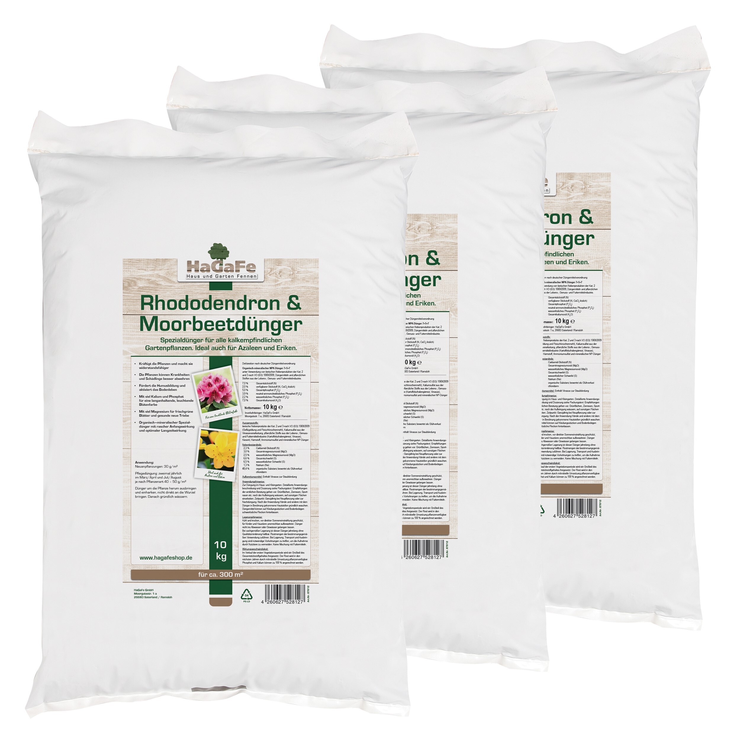 HaGaFe Rhododendrondünger, Moorbeetdünger, 3 x 10kg, Spezialdünger für alle Moorbeetpflanzen, Ideal auch für Azaleen, Heide und Eriken