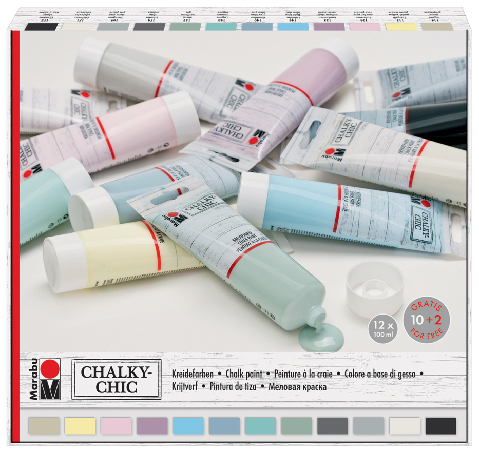 Marabu 261000000088 Chalky Chic – Assortimento 12 X 100 Ml, Vernice A Gesso Ultra Opaca Per Legno, Vetro, MDF, Vintage