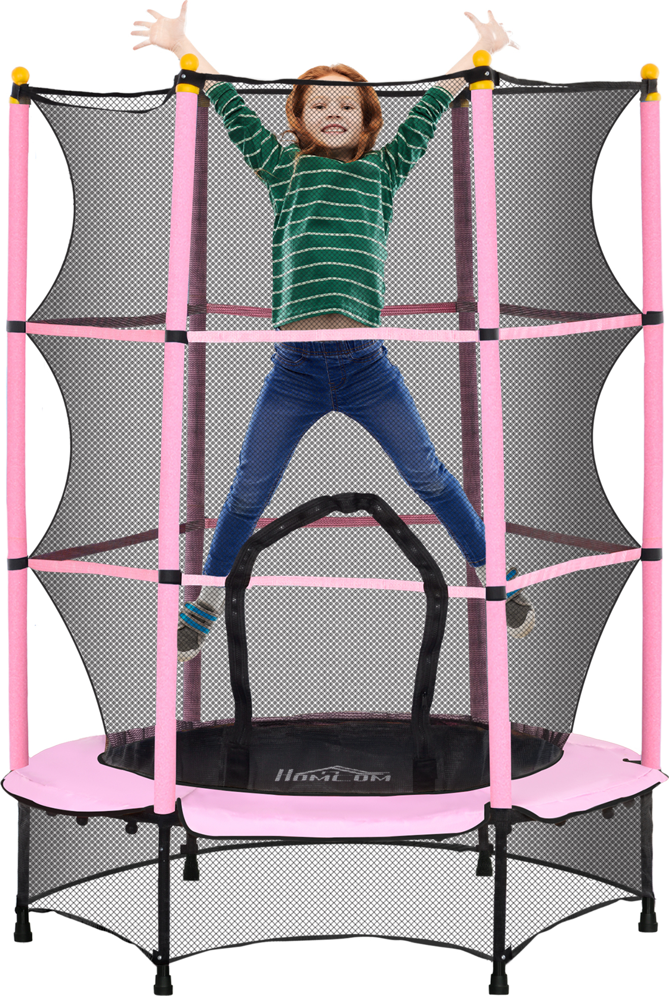 HOMCOM detská trampolína Ø140 cm, trampolína s bezpečnostnou sieťou, kryt okraja, záhradná trampolína pre deti od 3 do 10 rokov, max. zaťaženie 50 kg, ružová
