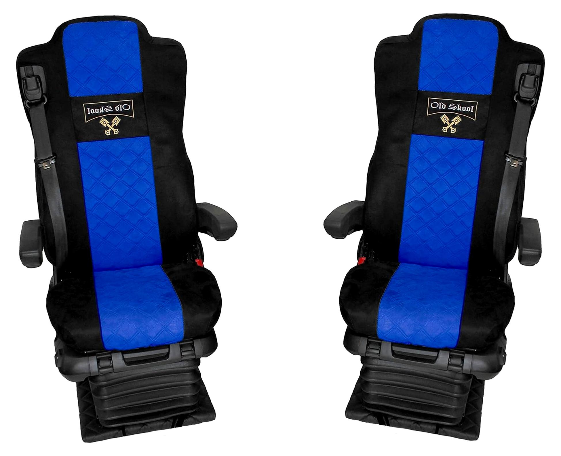 Markenlos LKW Sitzbezüge für Actros Mercedes MP5 und MP4 mit luftgefederten Beifahrersitz schwarz blau, Kopfstützen-8cm