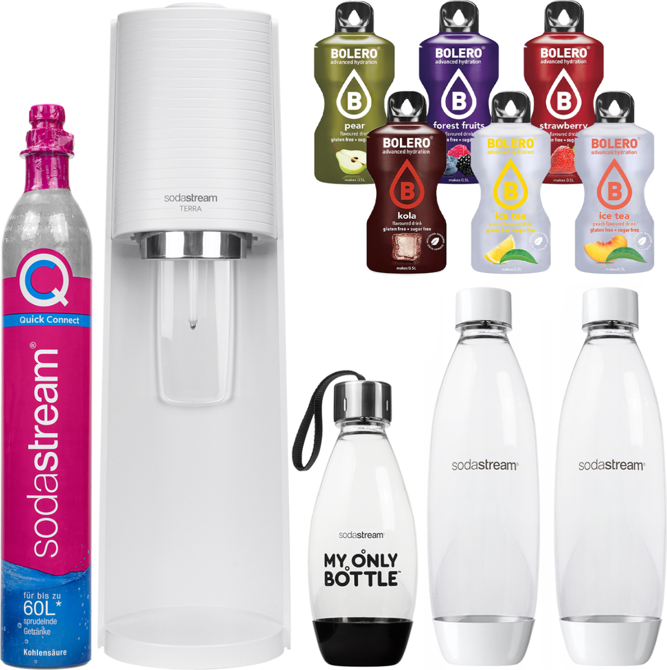 Výrobník perlivej vody SodaStream Terra White Set s 3 fľašami a práškovými sirupmi