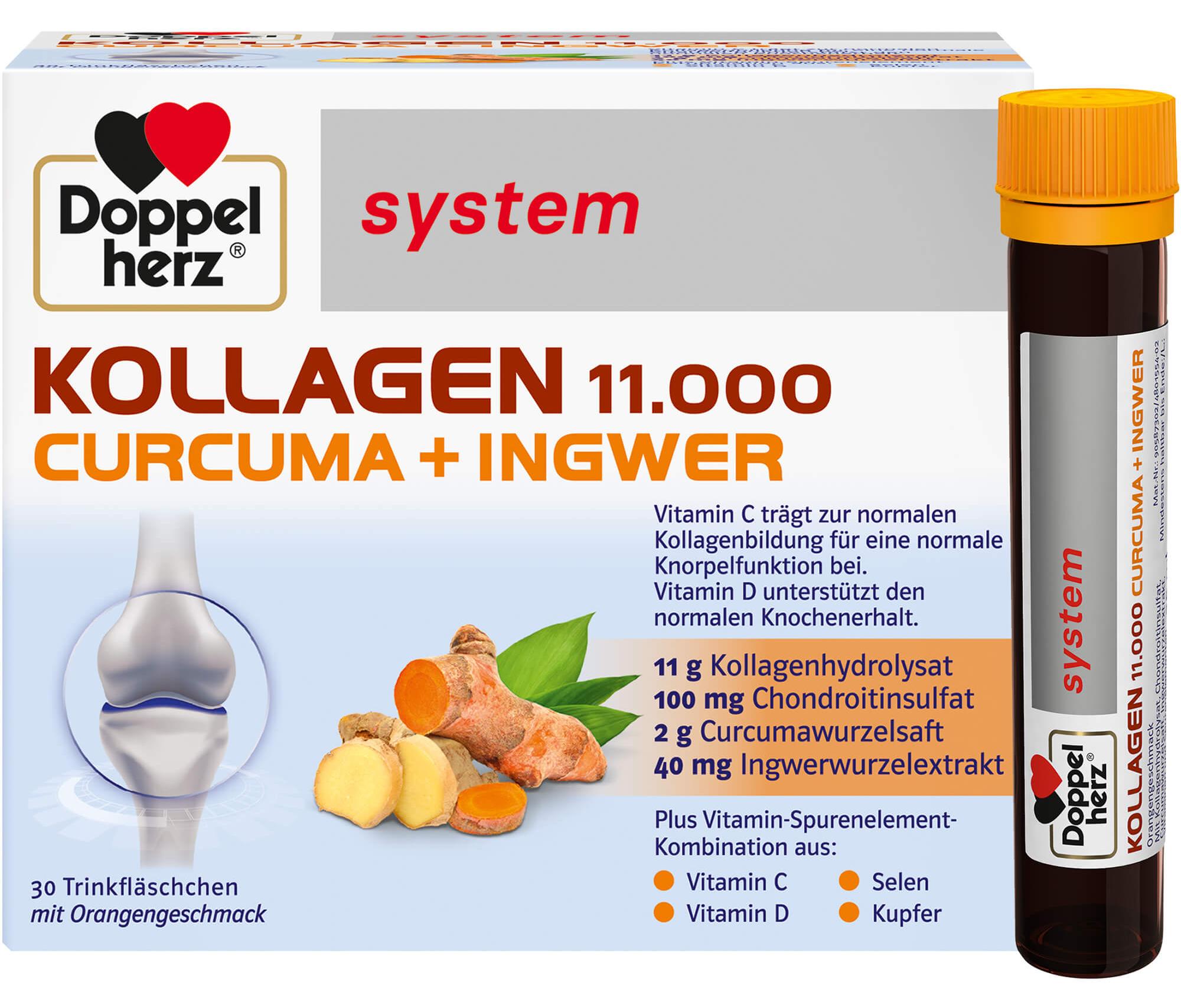 QUEISSER PHARMA GMBH & CO. Doppelherz system Kollagen 11,000 Curcuma + Ingwer Lösung für eine normale Knorpelfunktion und zur Unterstützung eines normalen Knochenerhalts, 30 St. Trinkfläschchen 16879158