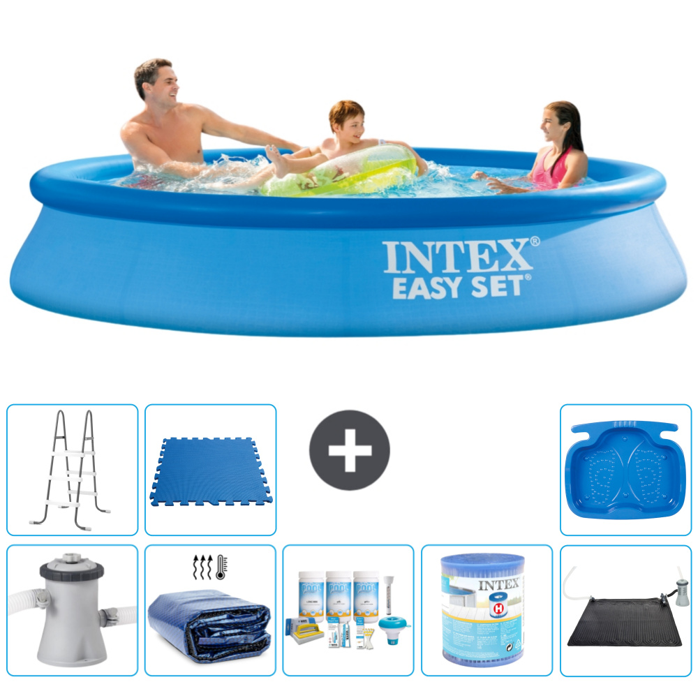 Okrúhly nafukovací bazén Intex Easy Set - 305 x 61 cm - modrý - vrátane markízy s čerpadlom - balík na údržbu - filter - solárna podložka - rebrík - vaňa na nohy