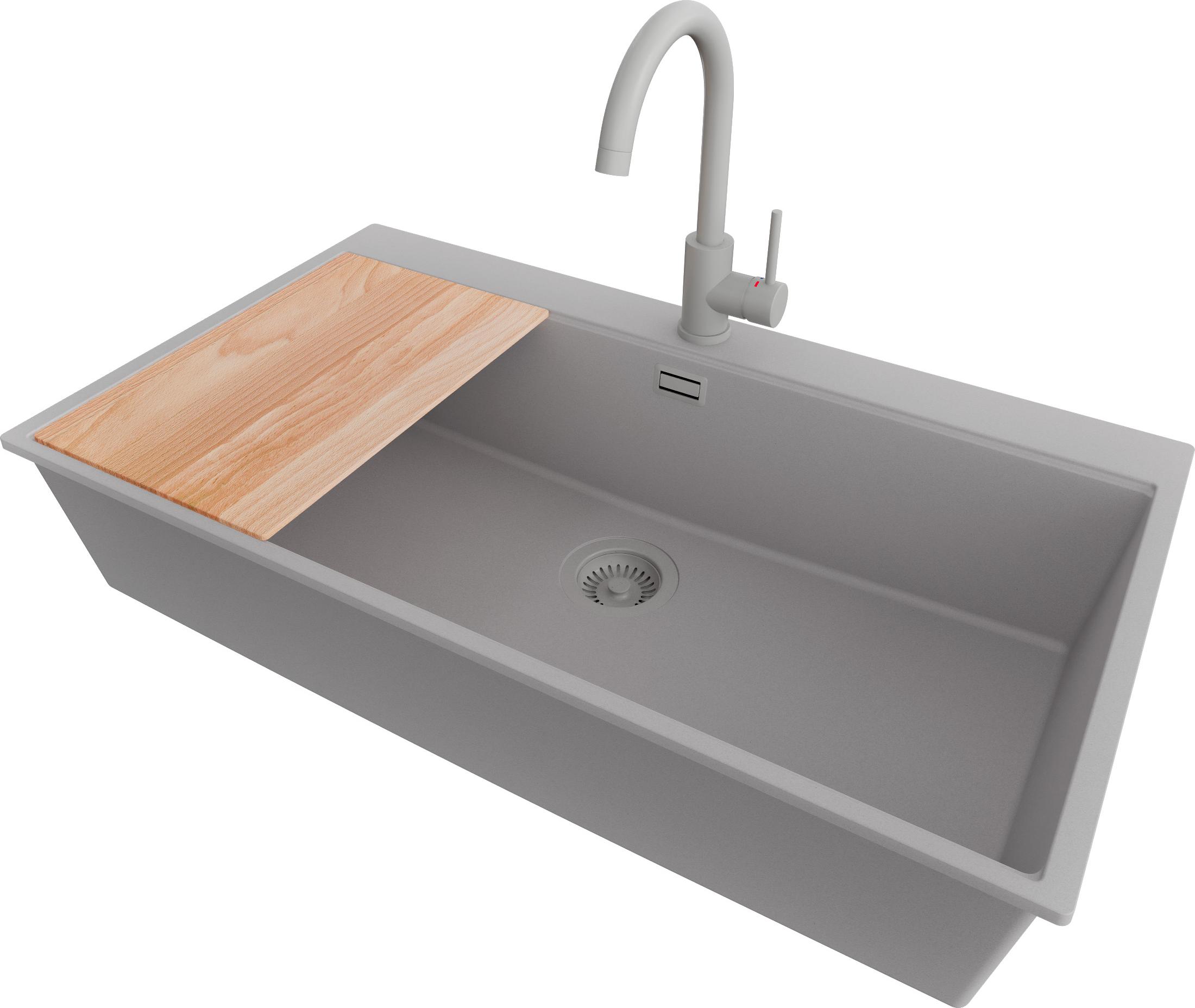 PRIMAGRAN Granitspüle Grau 88x50cm, Spülbecken 1 Becken + Küchenarmatur 32x20cm + Ablauf-Set + Schneidebrett, Küchenspüle ab 90er Unterschrank - Oslo