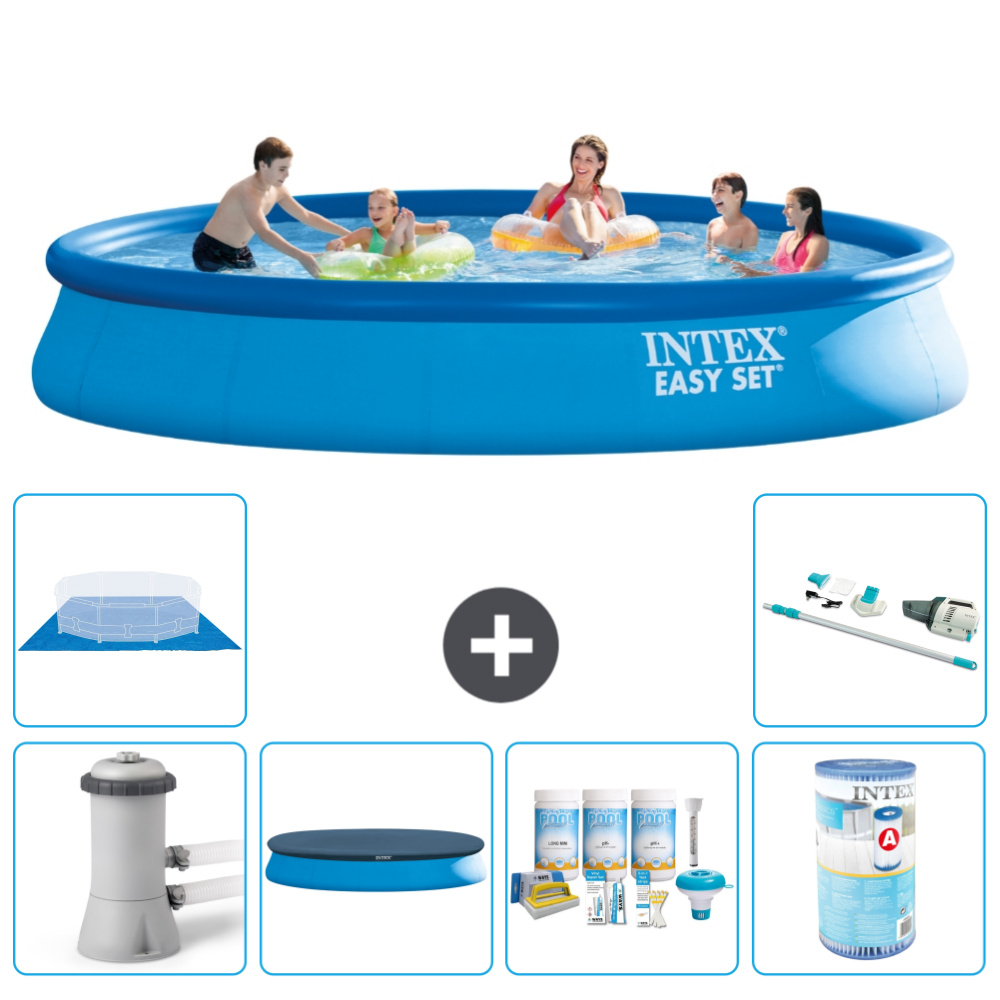 Okrúhly nafukovací bazén Intex Easy Set - 457 x 84 cm - modrý - vrátane krytu s čerpadlom - balík na údržbu - filter - podložka - vysávač