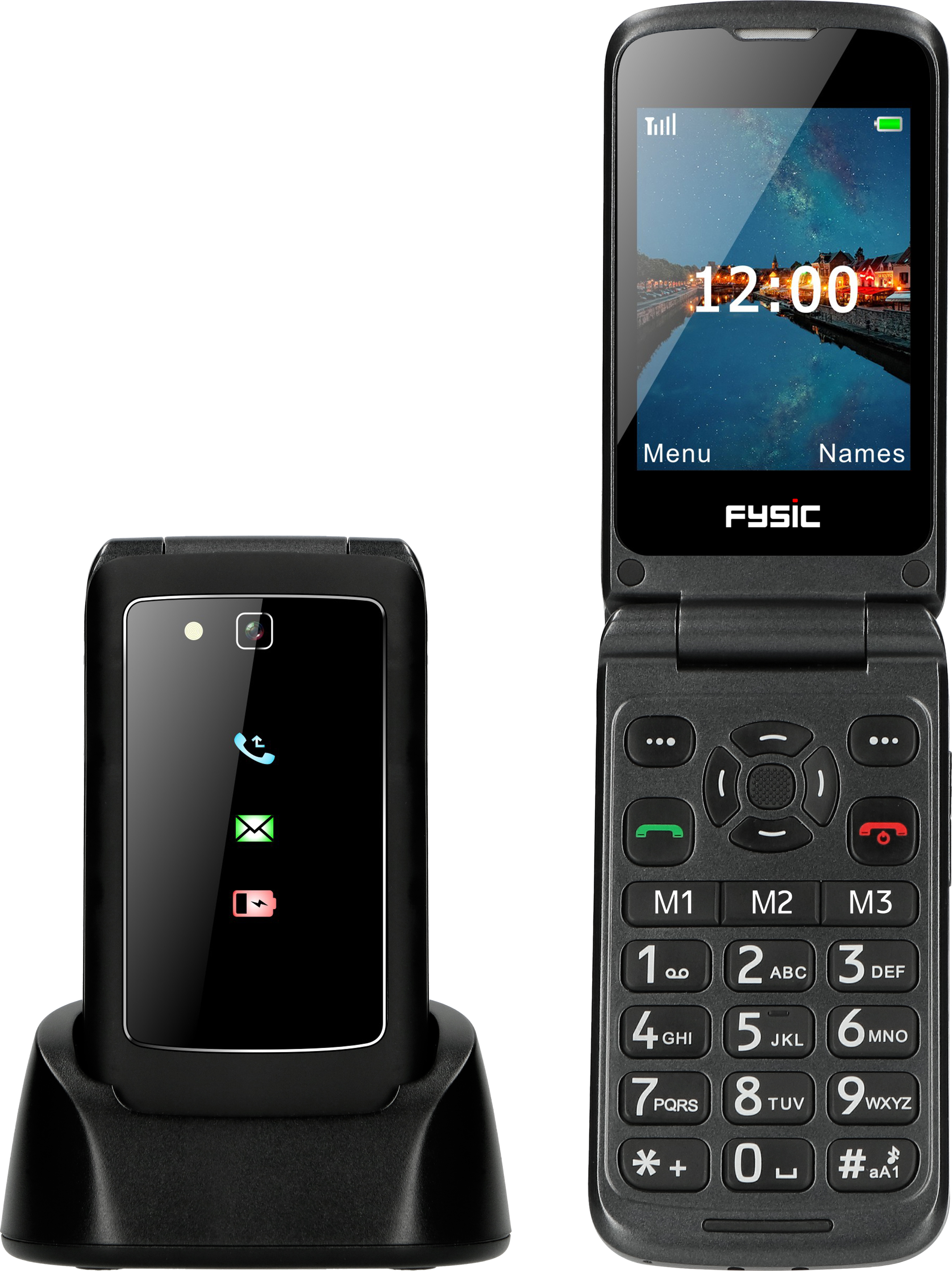 Fysic F15 - flipový mobilný telefón pre seniorov s tlačidlom núdzového volania, čierny