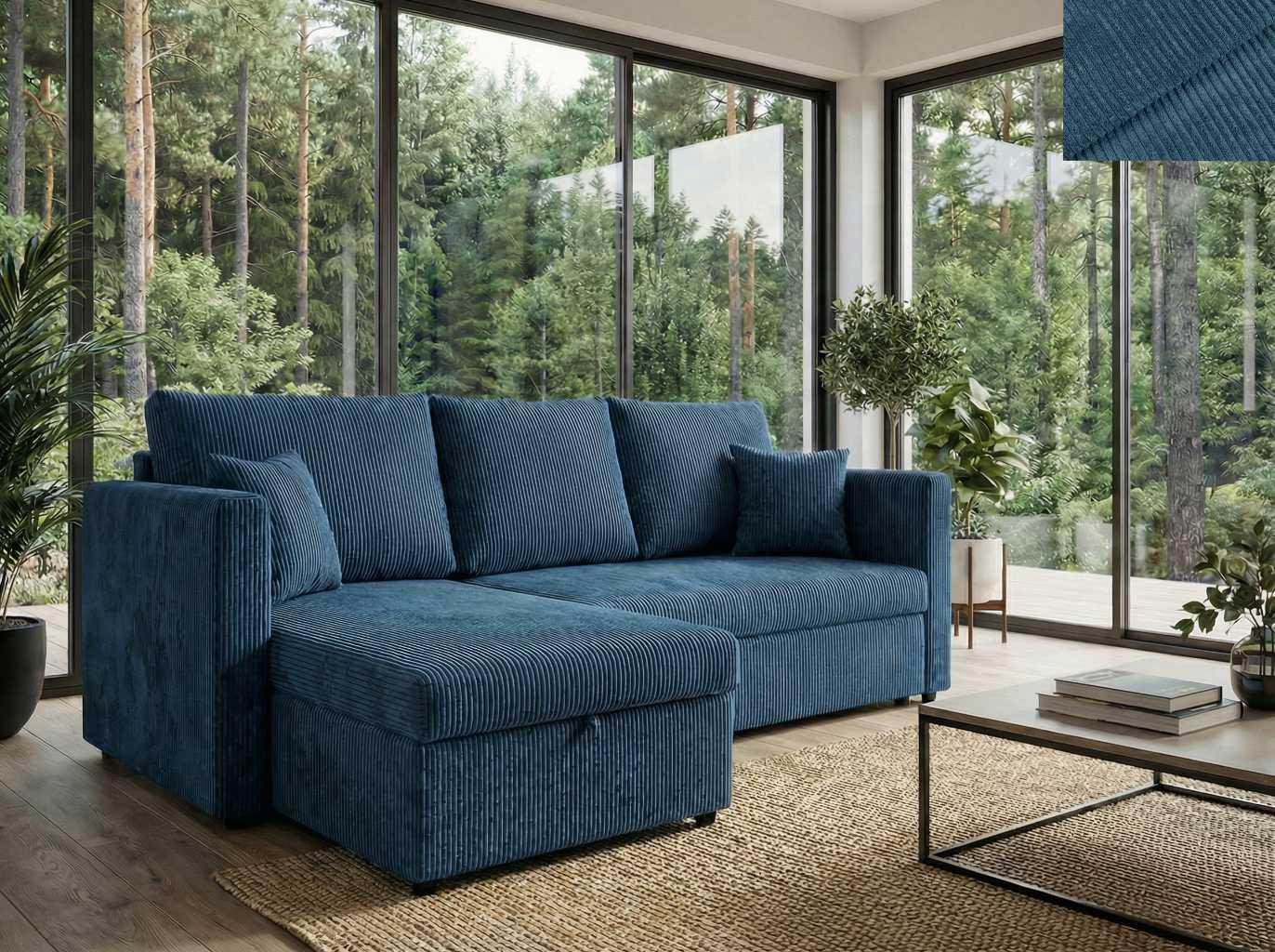 Ecksofa PISA Nordelo 146×220×90 cm universell L/R, ausziehbar, Schlaffunktion 140×200, Bettkasten, Stoff Apollo Cord 05 BLAU ECKSF-PISA-APLL-CORD-05
