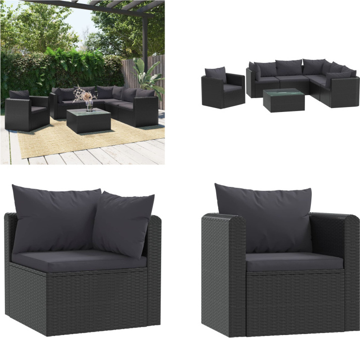 vidaXL 7 tlg. Garten Lounge Set mit Auflagen Poly Rattan Schwarz - Gartensofa - Gartensofas - Gartenmöbel-Set - Gartenmöbel-Sets