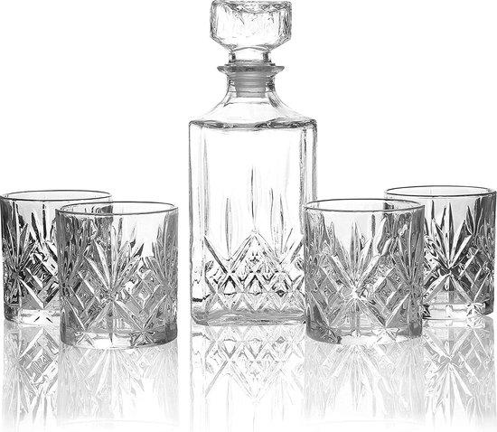 Tomivo® Whisky-Gläser-Set mit Karaffe – 4 Tumbler + 1 Karaffe, Soda-Kalk-Glas, Karaffe 10×10×22,8 cm (0,9 L / 750 ml), Gläser 8,2×8,2×9 cm