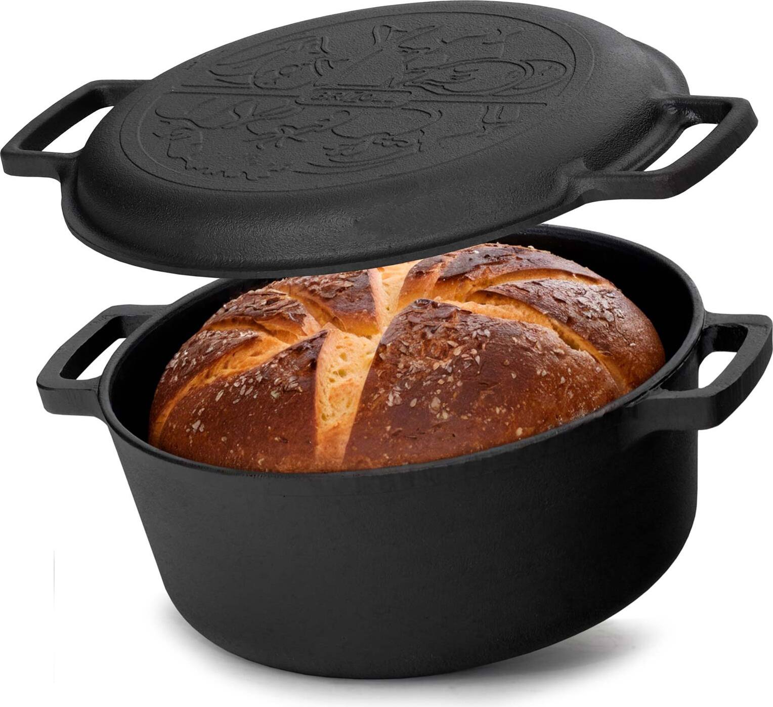 BIG-PAN Ø24cm Brotbacken Gusseisen Topf 4L Gusseisentopf mit Deckel-Bratpfanne Kochtopf aus Gusseisen Brotbackform geeignet für Gasgrill, Backofen, Feuerstelle und alle Herdarten inkl. Induktion BZ - P-4L-2
