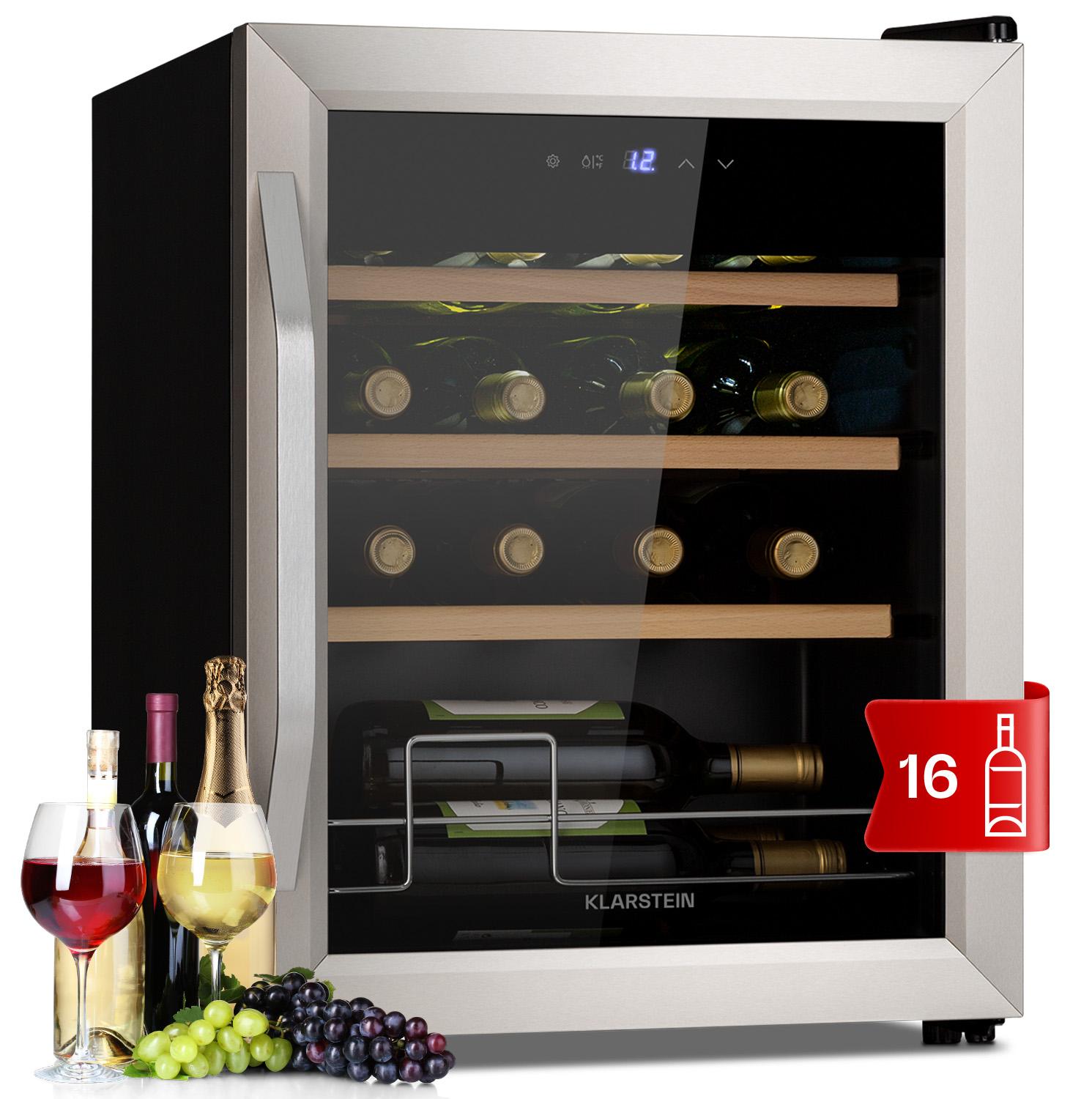 Klarstein Weinkühlschrank, Getränkekühlschrank Schmal, Kühlschrank mit Glastür, Getränkekühlschränke Freistehend, Weinkühlschrank Klein, Weinkühlschränke 1 Zone, UV-Schutz, 5-18 °C, 16 Flaschen 35