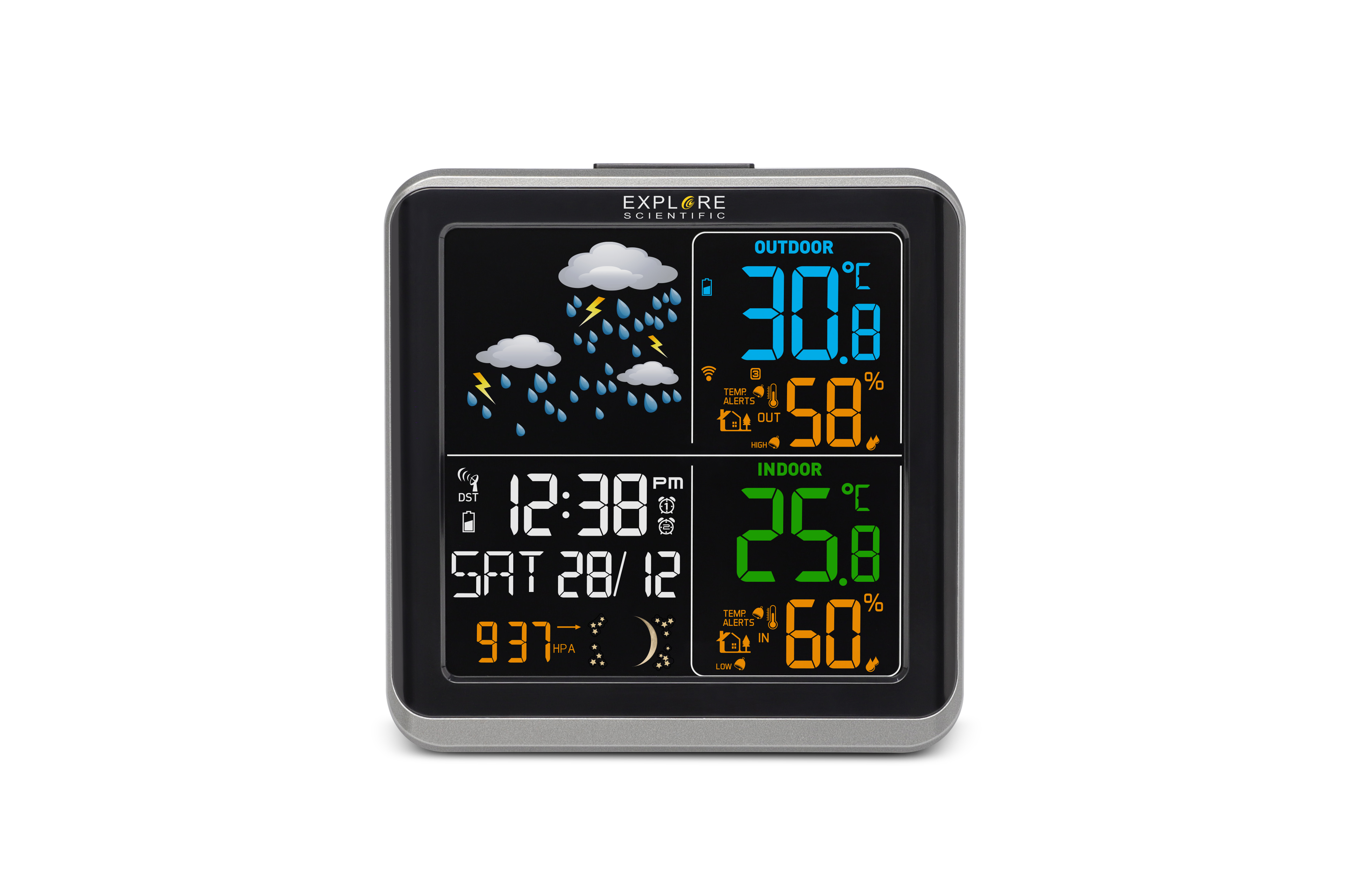 Explore Scientific WSH-4008C, Schwarz, Innen-Luftdruck, Innen-Hygrometer, Innen-Thermometer, Außen-Barometer, Außen-Hygrometer,..., Barometer, Hygrometer, Thermometer, Barometer, Hygrometer, Thermometer, °C, AC