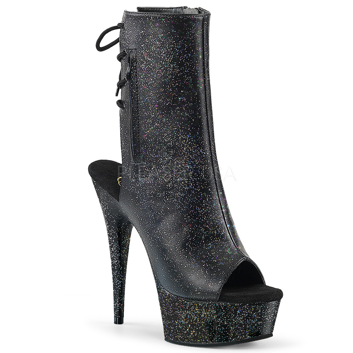 DELIGHT-1018MMG Pleaser vysoké podpätky peep toe platformové členkové topánky čierne mini trblietky po celom obvode