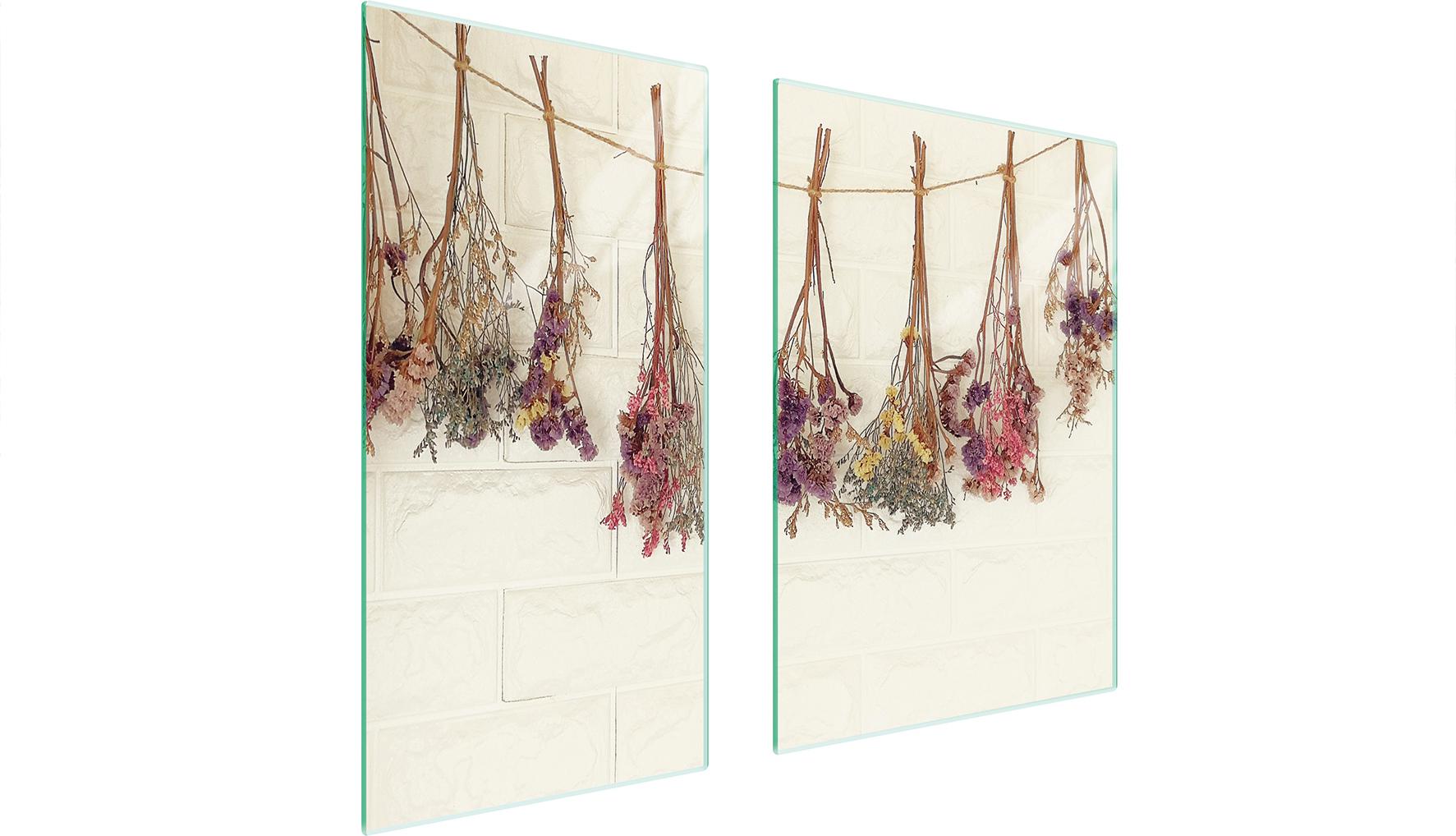 TMK ArtDeko Herdabdeckplatten 2 teilig 75x52 Ceranfeld Abdeckung Glas Schneidebrett Blumen Beige