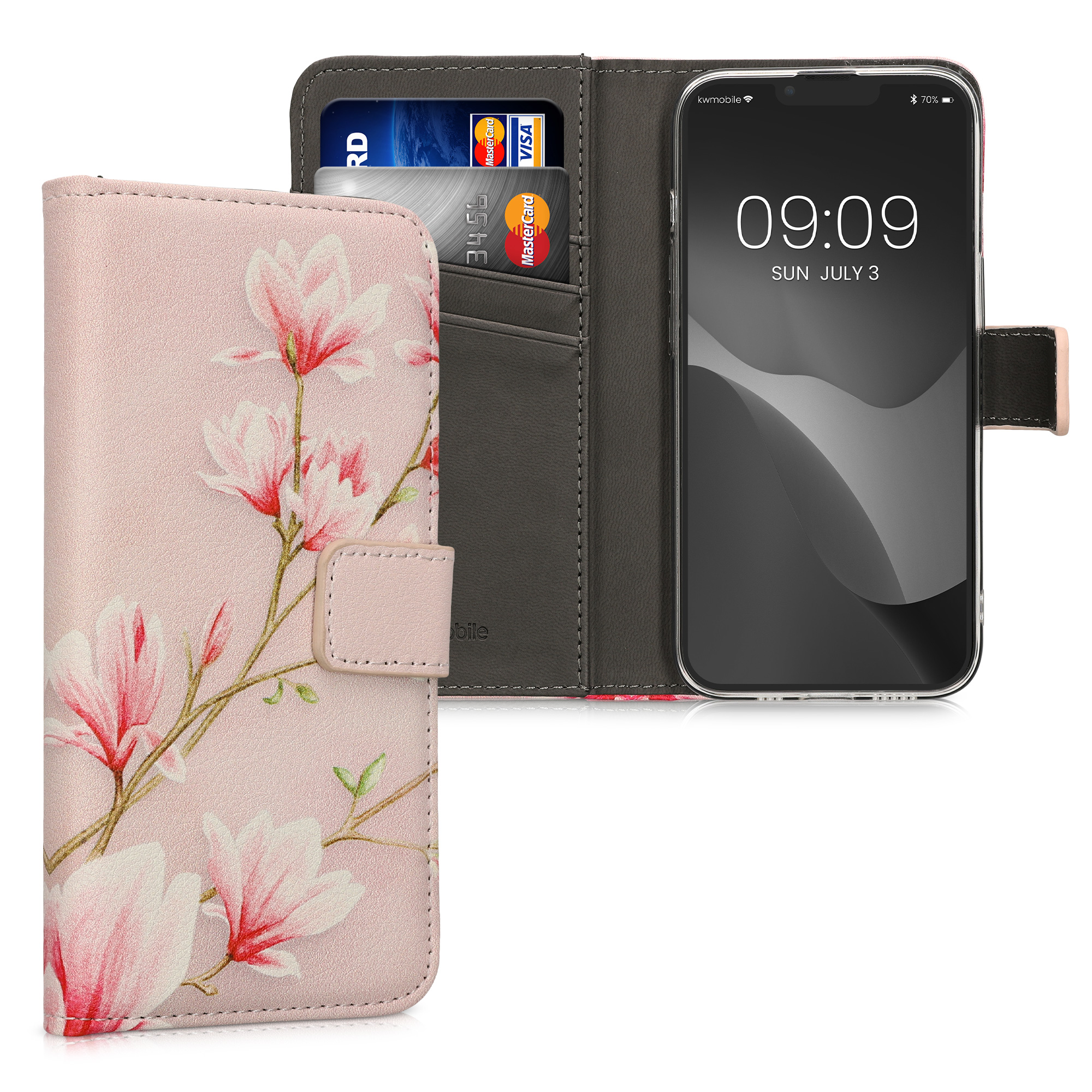 Kwmobile Wallet Case Für Sony Xperia XA2 – Hülle Mit Kartenfächern & Ständerfunktion – Magnolien Design