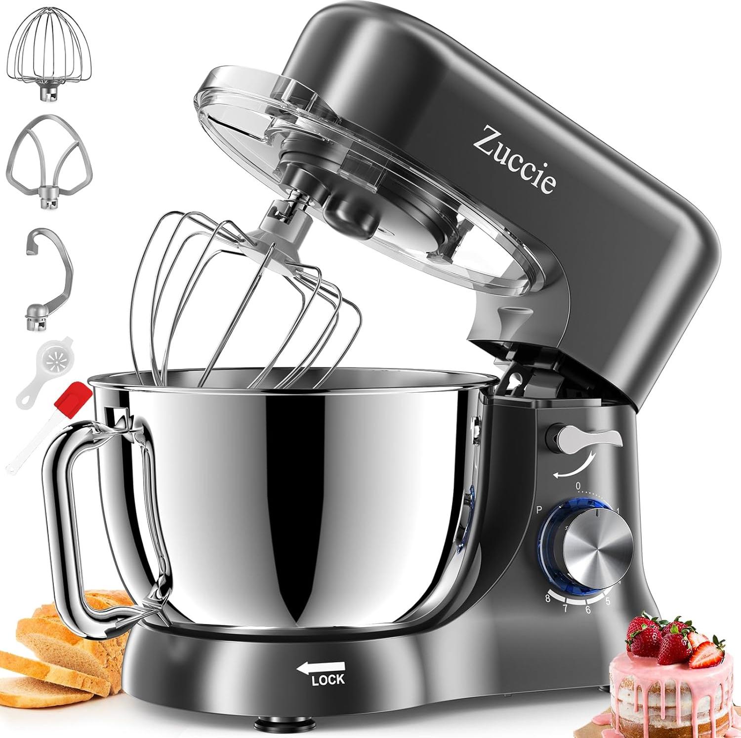 Küchenmaschine, Zuccie Knetmaschine Leise Rührmaschine inkl 5L Edelstahlschüssel 3-Rührwerkzeuge Spritzschutz Teigschaber und Eiertrenner, 8+P