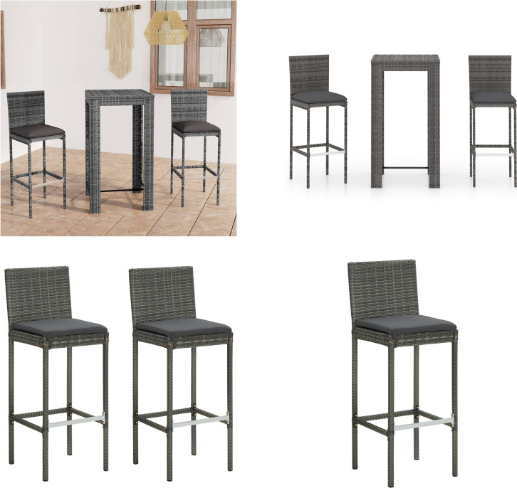vidaXL 3 ks záhradný barový set s vankúšmi poly ratan sivý - Barový set - Barové sety - Barový stôl a barové stoličky - Barový stôl
