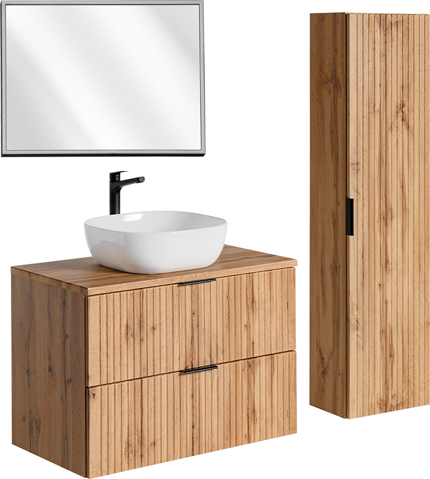 Petits-meubles Set aus Einzelwaschtisch 80cm LED Spiegel und Säule Adriel Holz