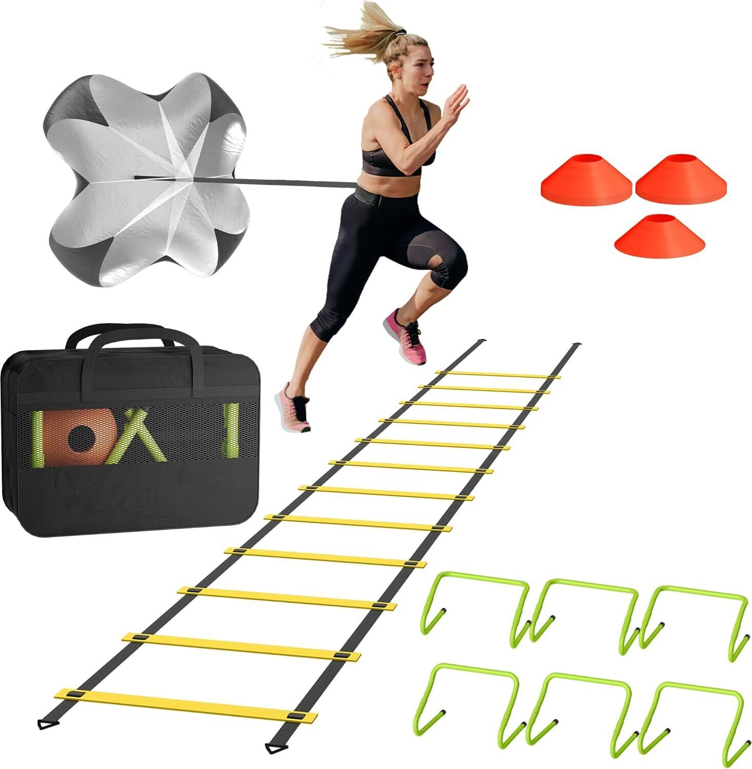 Sessamen-LP Fussball Trainingszubehör 6 verstellbare Hürden 12 x Kegel für Slalom, Beweglichkeit Leiter, Widerstand Fallschirm