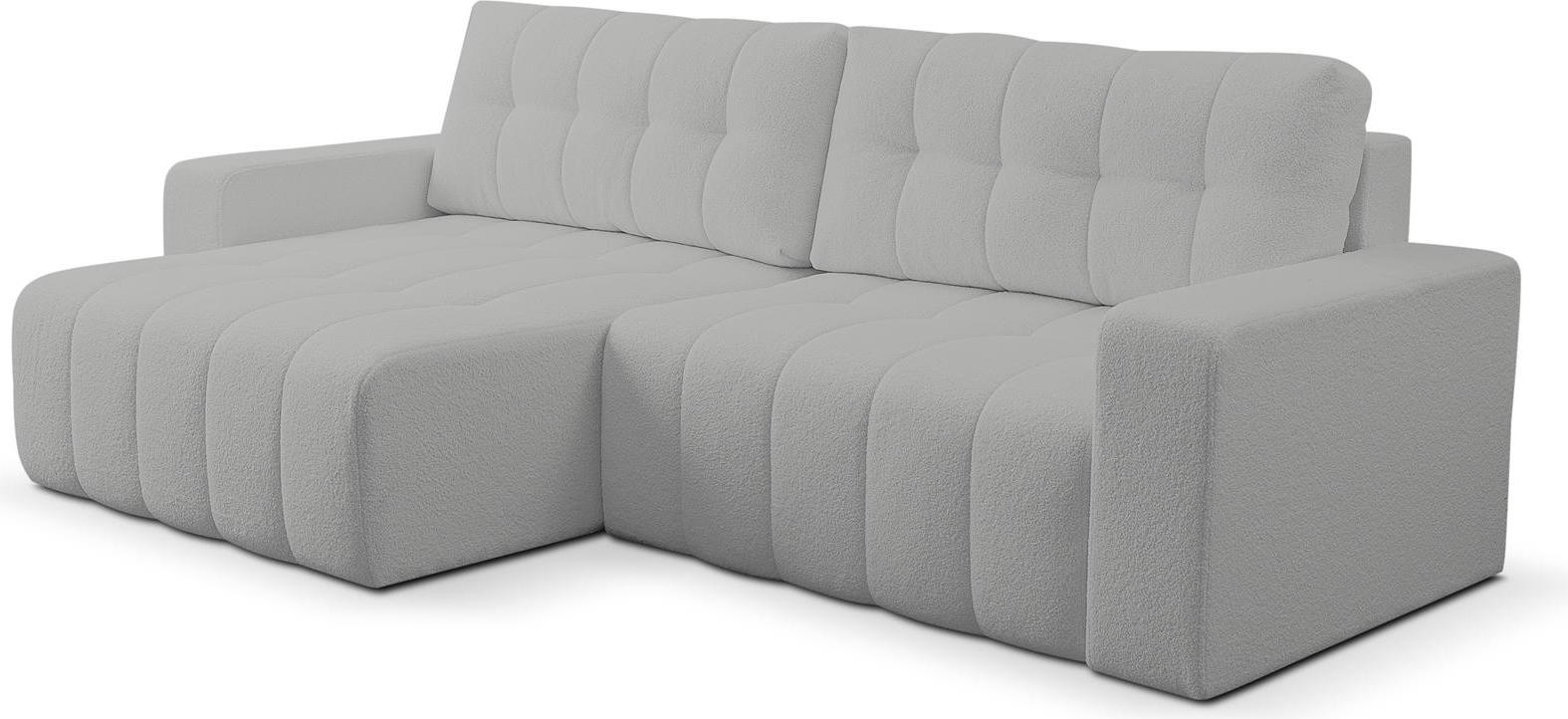 BETTSO Hellgraues Stepp-Ecksofa MASINA mit Schlaffunktion und Bettzeugcontainer