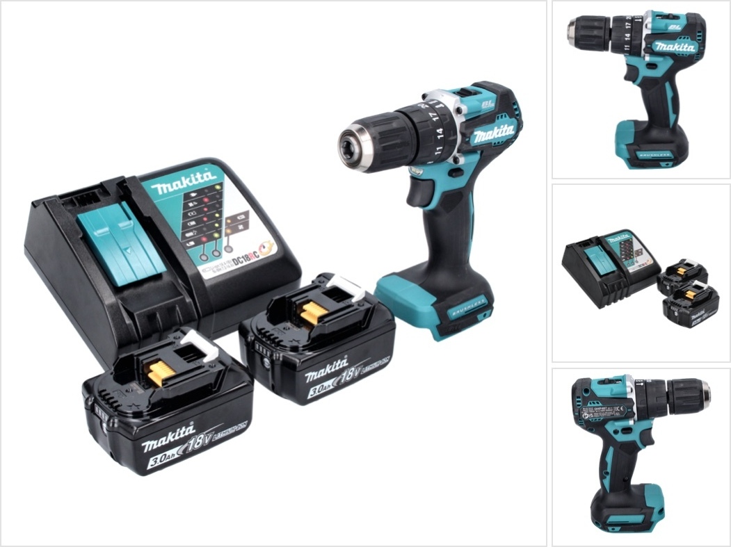 Akumulátorová príklepová vŕtačka Makita DHP 487 RF 18 V 40 Nm bez kefiek + 2x akumulátor 3,0 Ah + nabíjačka