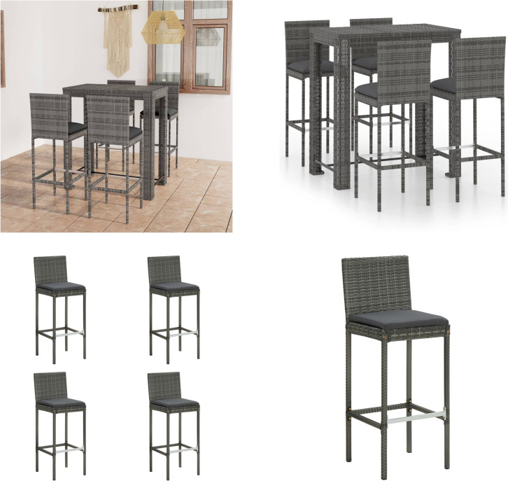 vidaXL 5-dielny záhradný barový set s vankúšmi polyratan sivý - Barový set - Barové sety - Barový stôl a barové stoličky - Barový stôl