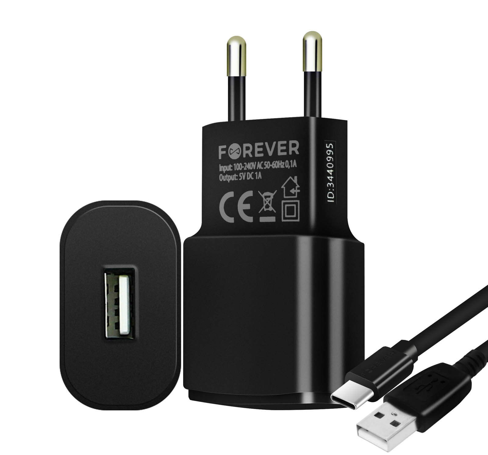 sieťová nabíjačka 1A, sieťový adaptér + nabíjací kábel USB-C na USB, 1,2 m - čierna