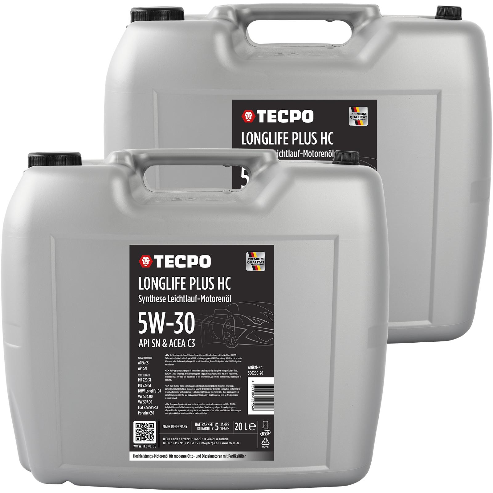 TECPO Motoröl 40 Liter 5W-30 LONGLIFE Plus HC Synthese passend für ACEA C3 / API SN / 504 / 507 / 229.31 / 229.51 / LL-04 / C30 300200-20