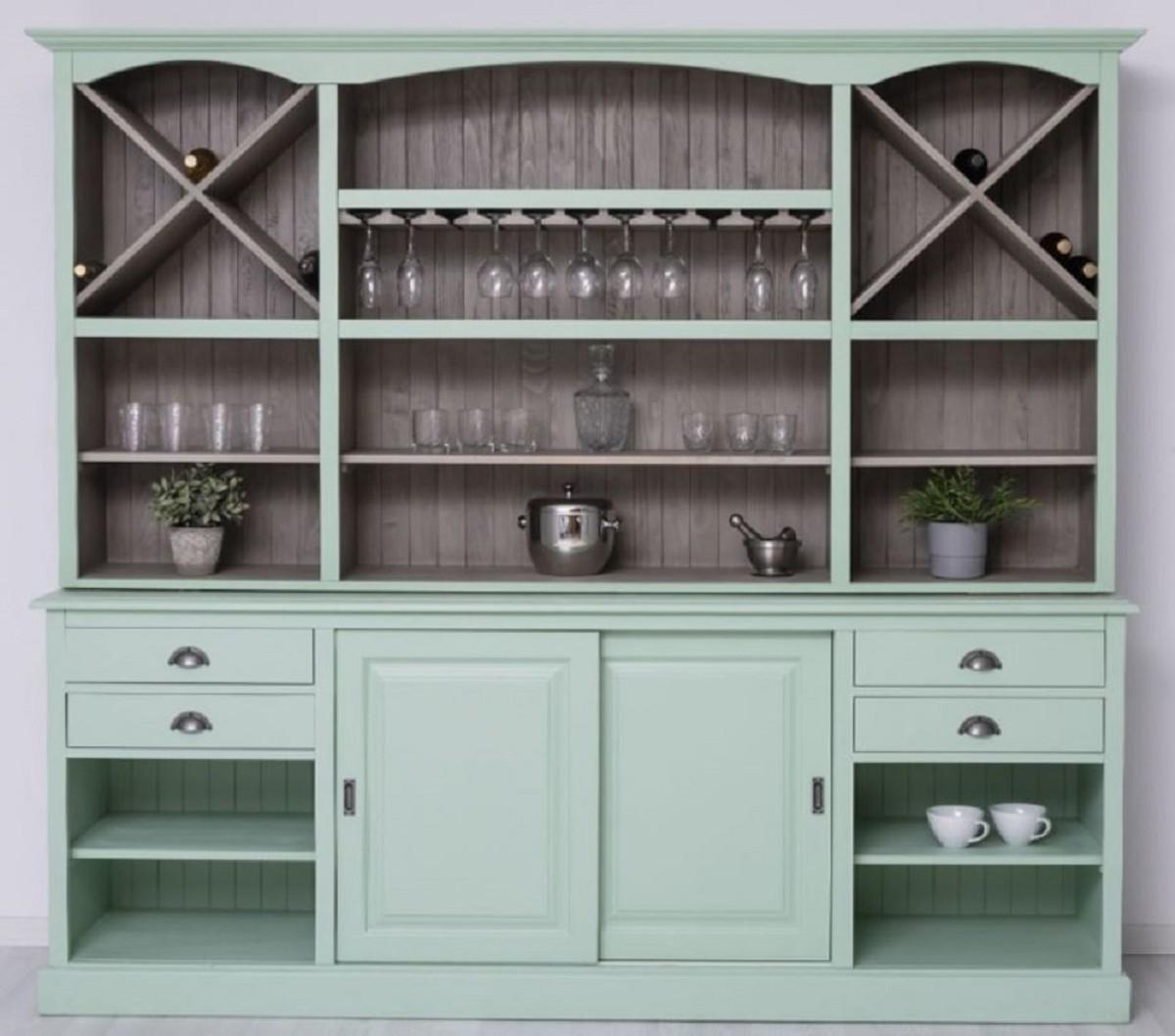 Demotex GmbH Casa Padrino Landhausstil Barschrank Mintgrün / Grau 240 x 50 x H. 210 cm - Massivholz Weinschrank im Landhausstil - Landhausstil Möbel - Bar Möbel im Landhausstil - Landhausstil Einrichtung