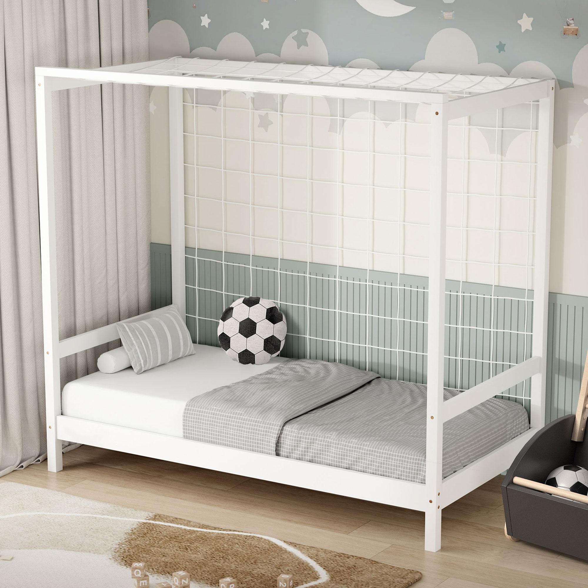 ML-Design Kinderbett Fußballtor 80x160 cm, Weiß, Einzelbett für Kinder, Holzbett mit Lattenrost & Tornetz, Jugendbett aus Kiefernholz, Handballtor 490016846