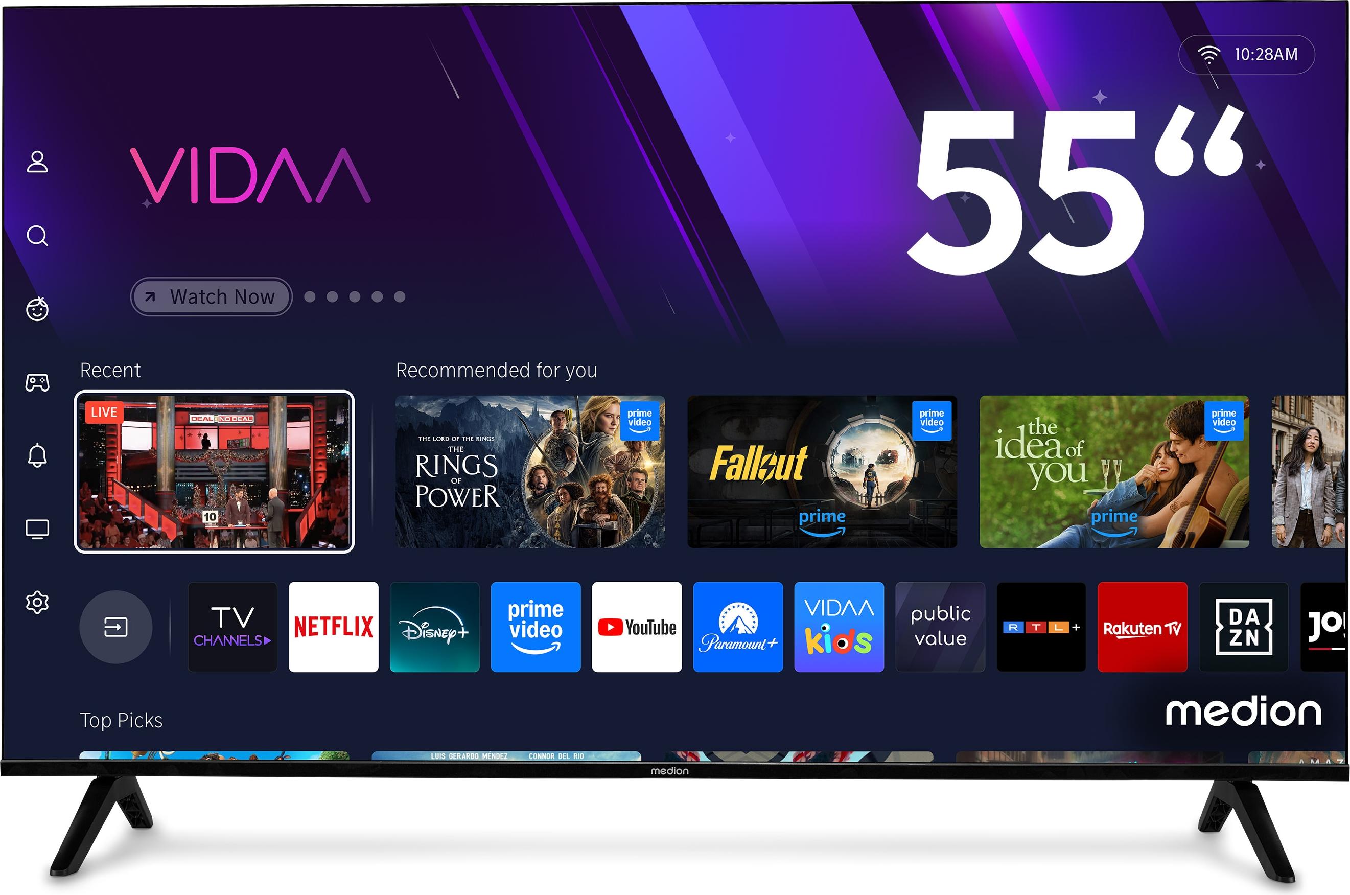 MEDION® MEDION 138,8 cm (55 Zoll) QLED Fernseher (Smart-TV, Dolby Vision HDR, Prime Video, Disney+, DAZN, Paramount+, Dolby Atmos, VIDAA Store, HbbTV, PVR, Bluetooth, MD 855601) MD855601