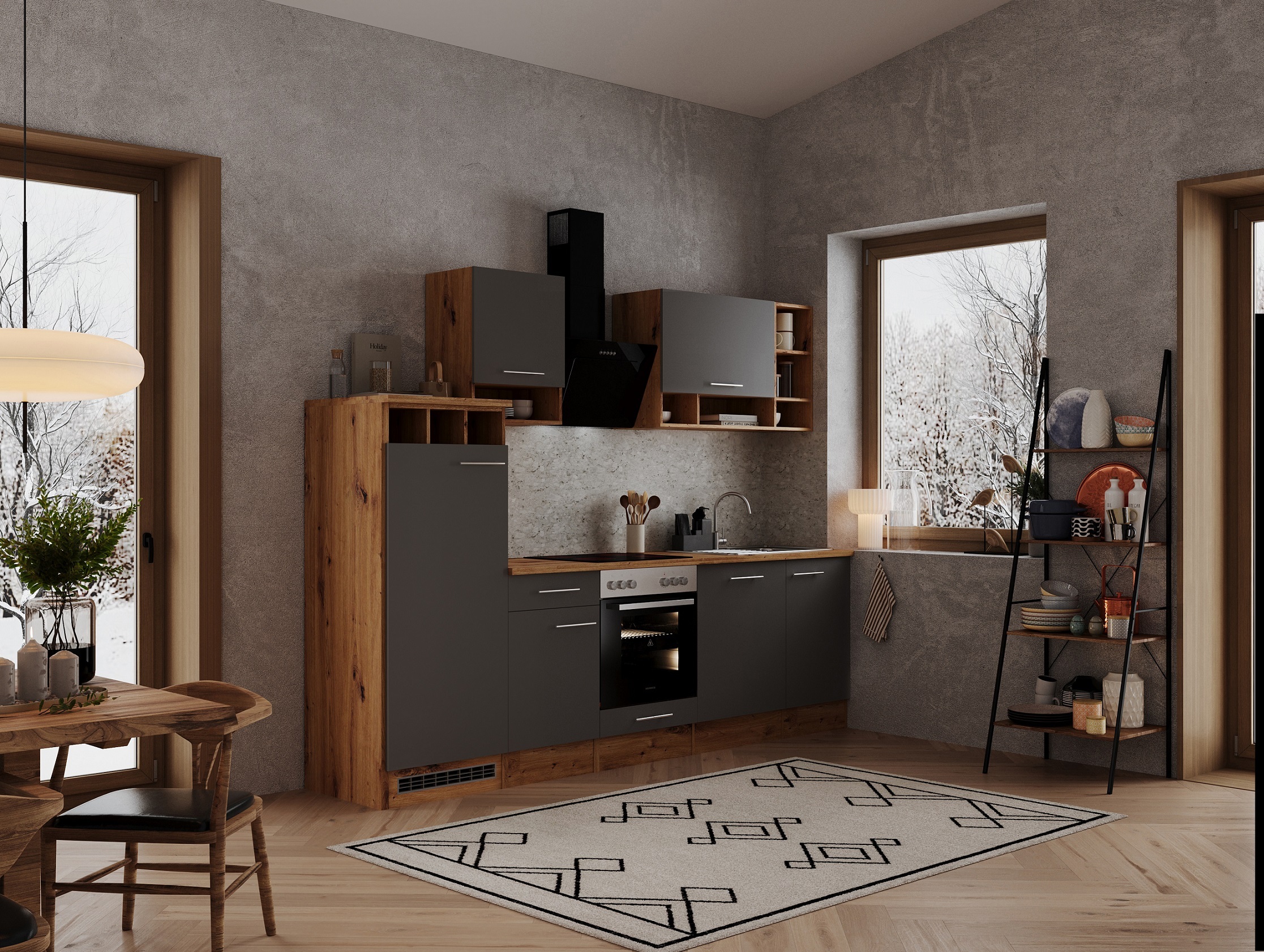 Küche Küchenzeile Küchenblock Einbauküche Eiche Grau Hilde 280 cm Respekta BEKB280EGC
