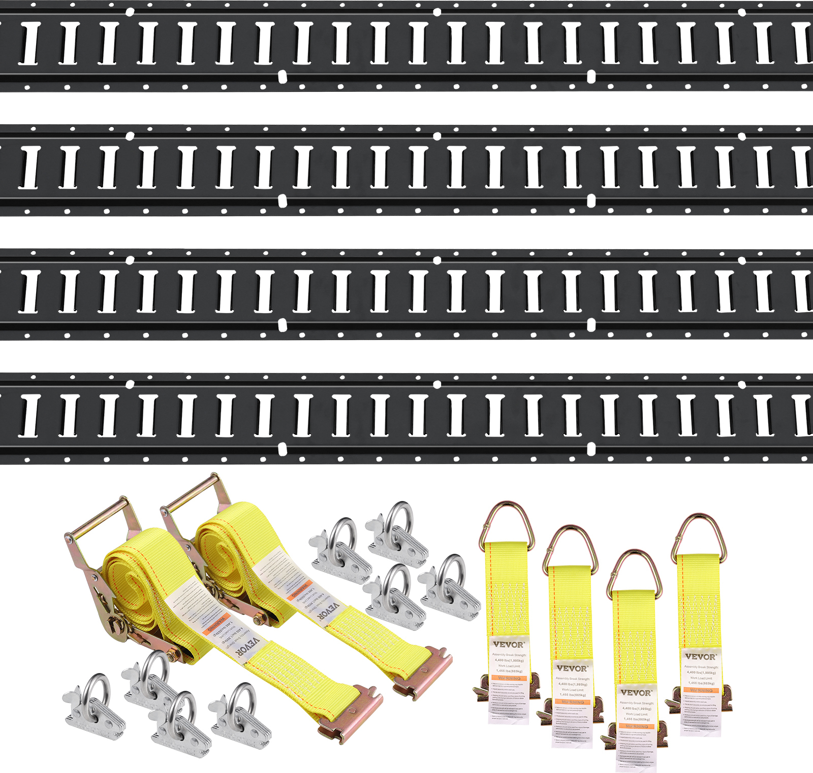 VEVOR E-Track-Zurrschienen-Set, 18-teilig, 1524 mm E-Tracks-Set, inkl. 4 Stahlschienen & 8 O-Ring-Anker & 4 Zurrgurte mit D-Ring & 2 Ratschengurten, Sicherungszubehör für Lastenmotorräder, 907 kg