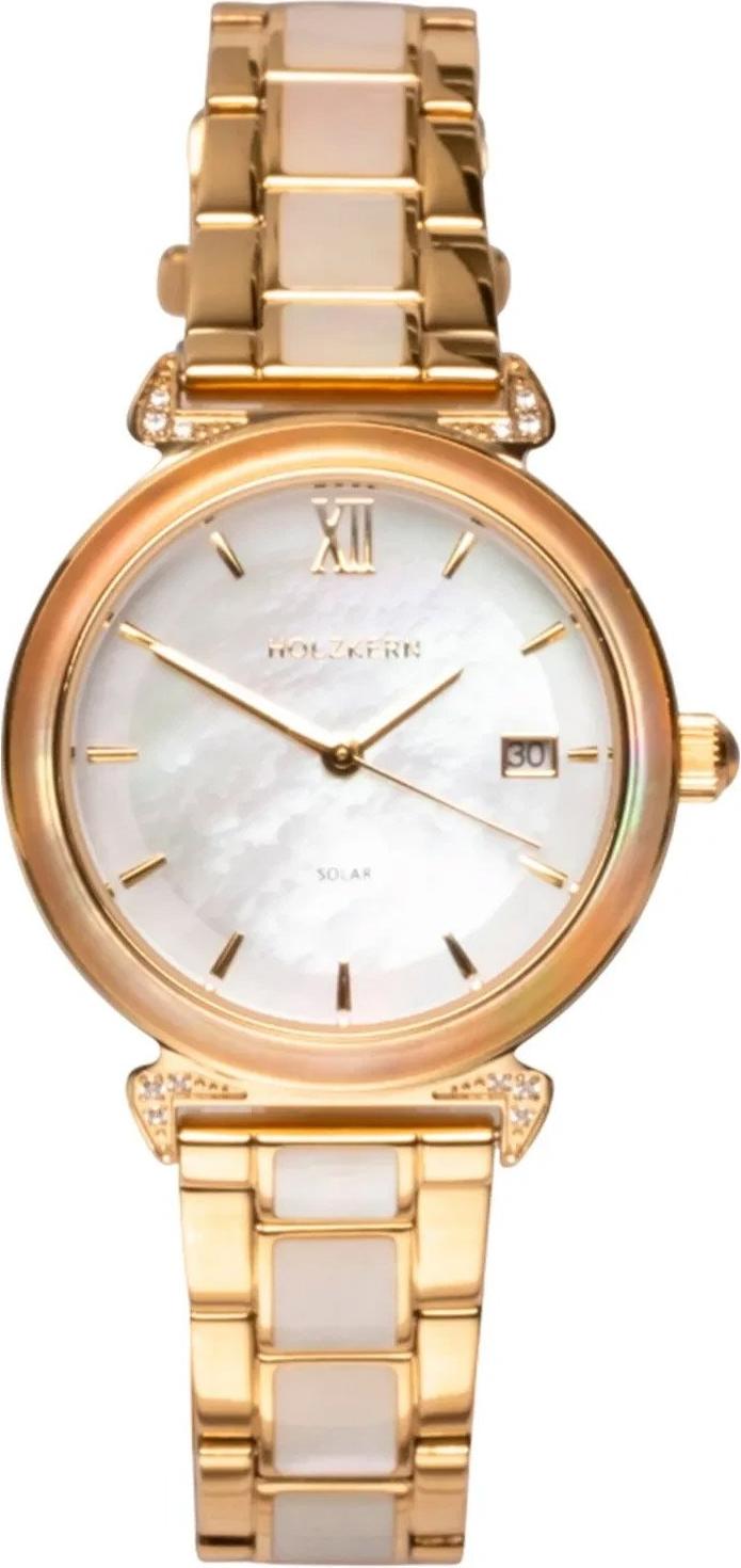 Dámske solárne hodinky Holzkern Sunglister Biele perleťové/zlaté