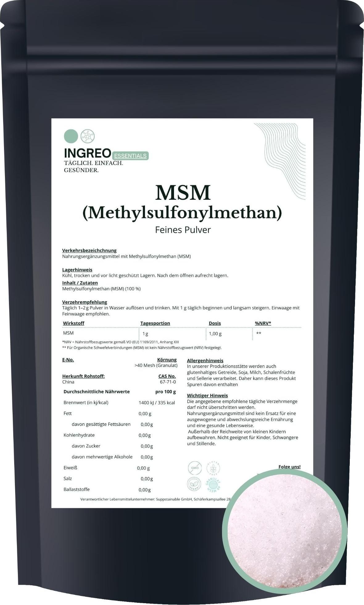 INGREO Essential MSM (Methylsulfonylmethan) Feines Pulver (>100 Mesh) – 1kg