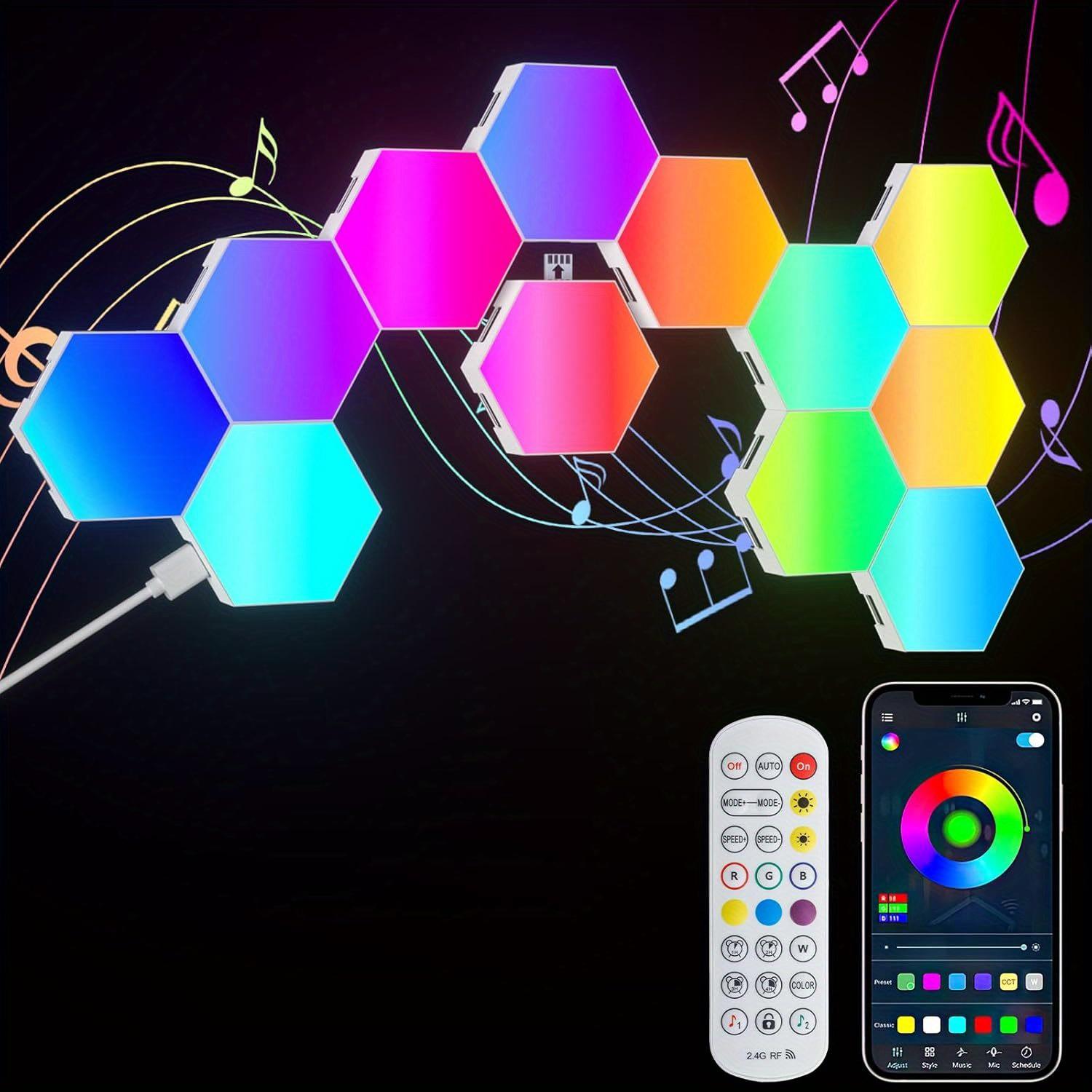 JDONG LED-Sechseck-Spielwandleuchte, 8 Hexagon RGB LED Panel, Sechseck-Waben-Spiel-Dekorationswandleuchte, Musik-Synchronisations-App-Steuerung TM-HEQISHUN-BD-8ST