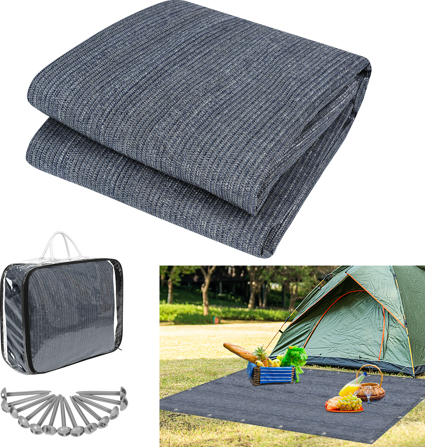 YUENFONG Vorzeltteppich Campingmatte Markisenteppich, Teppich Zeltteppich aus HDPE mit Ösen & Heringe, für Außen Camping Innen Games, Grau Blau, 2.5×4m