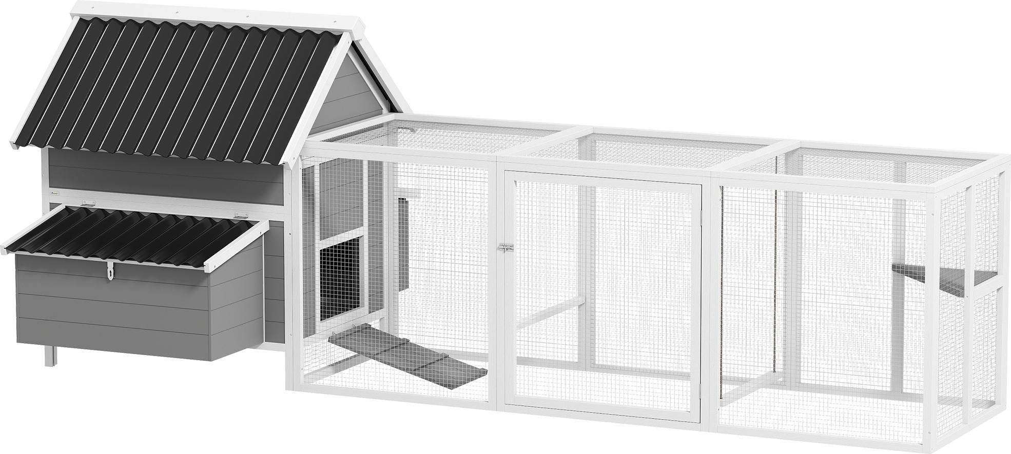 Großer Hühnerstall für 7-10 Hühner, Sitzstangen, Schaukel, Fenster, Nistkästen, Maschendraht, Grau Image