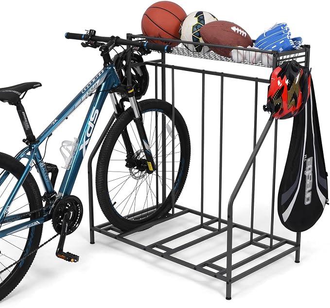 Unbranded Fahrradständer, Fahrräder Abstellständer mit 3 Fahrrad Ständer Stellplätze, Extra Breiten Korb, 6 Haken, Verstellbarer Fahrradschlitz für Garagenlagerung Fahrrad, Kinderfahrräder, Fahrrad Ständer