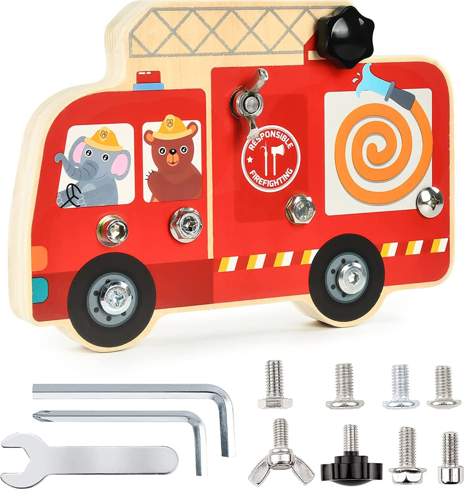 Crrynuo Busförmiges Holzschrauben-Beschäftigungsbrett aus Holz, Motorikspielzeug, pädagogisches Entwicklungsspielzeug für Kinder, Mädchen, Jungen KAU-UN-CPK-20250424-46