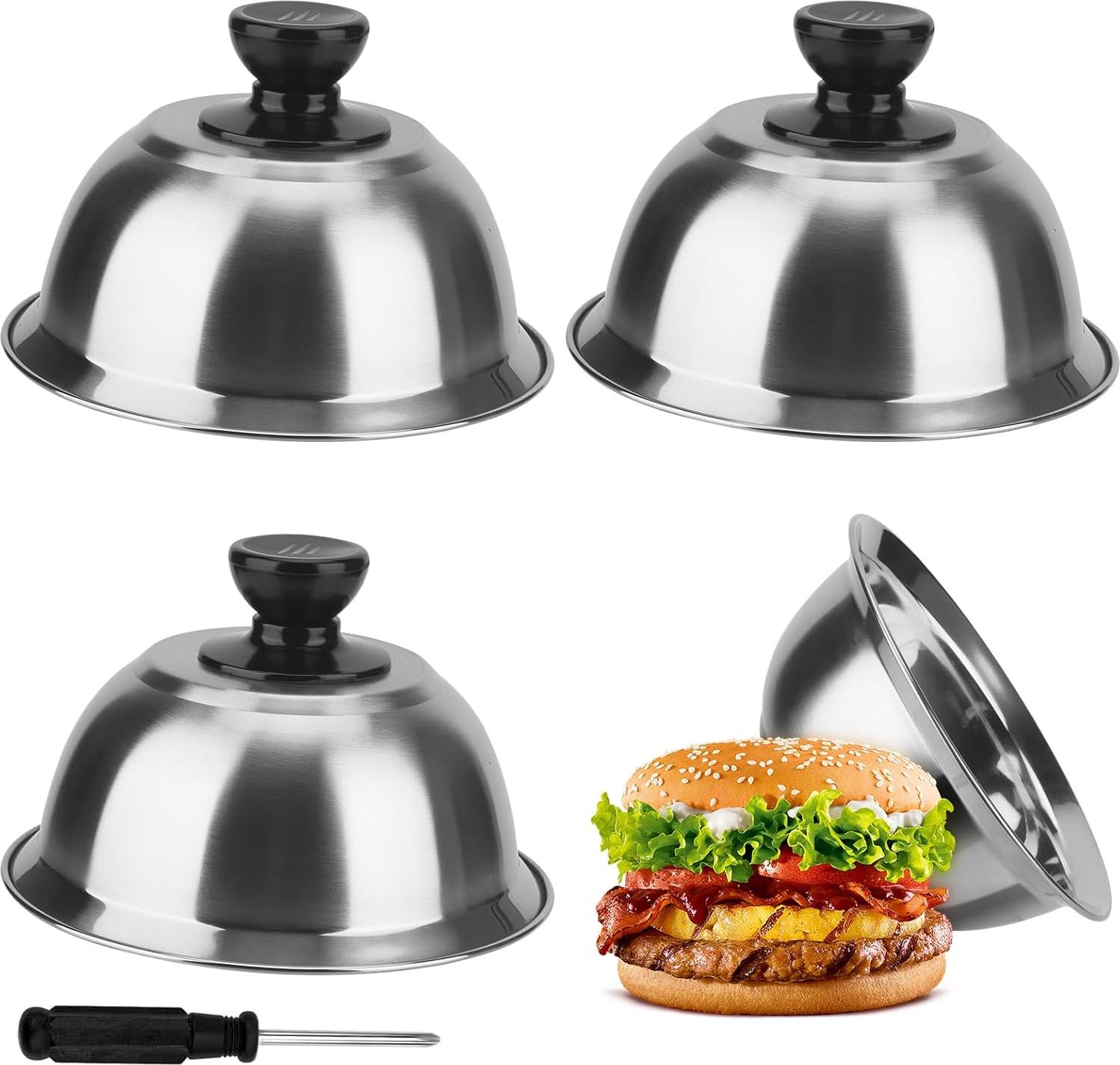Markenlos Set von 4 Burger Bells RVS 16 cm, Burger Covers Burger Cover RVS Burger Bell mit Handgriffen und Schraubendreher, Hamburger Bell für Grill Cheeseburger Steak