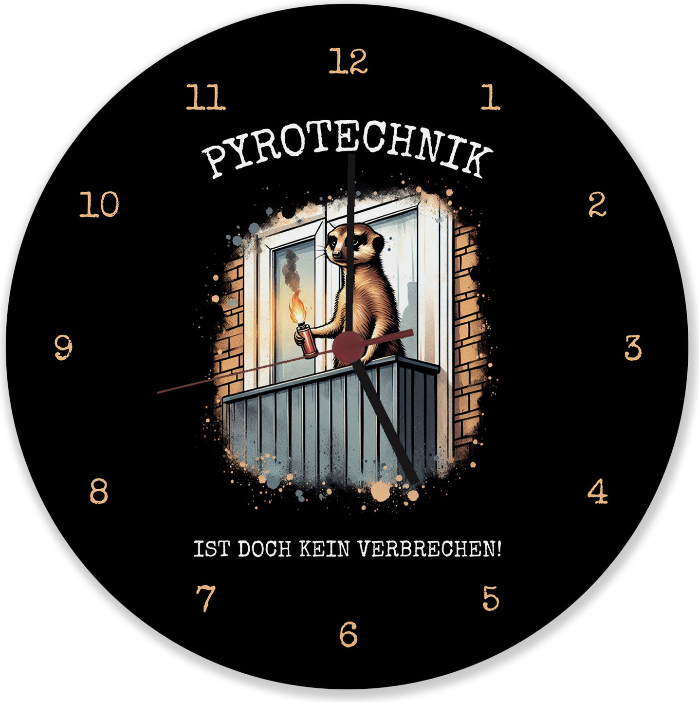 speecheese Balkon-Ultra Erdmännchen mit Pyrofackel Wanduhr aus Alu mit Spruch Pyrotechnik