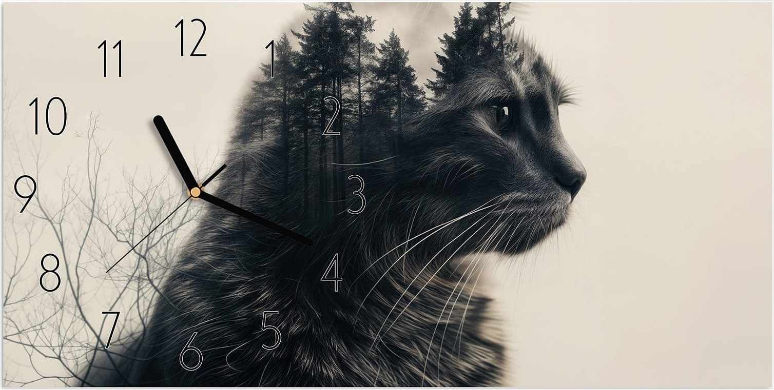 Primedeco Wanduhr aus Glas mit Motiv Waldkatze- 60 x 30 cm - inkl. Aufhängesystem