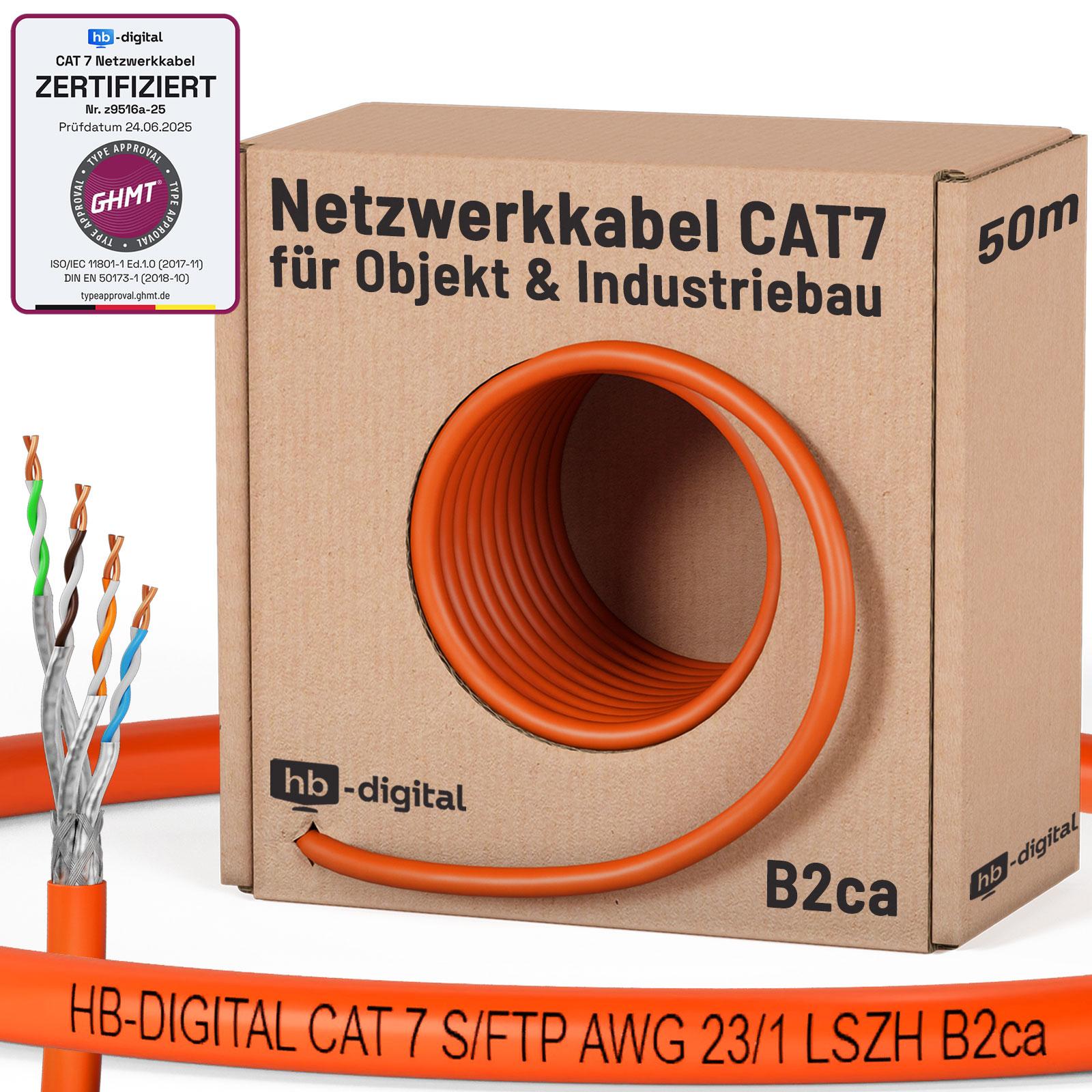 hb-digital CAT 7 Kabel PRO S/FTP PiMF AWG23/1 LSZH B2ca GHMT PoE++ Netzwerkkabel professional 50m