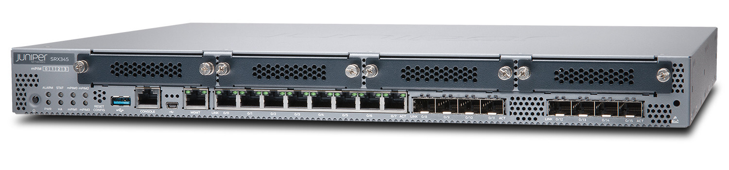 Juniper SRX345, 1U, 4000 MB, 8000 MB, IPv4, IPv6, BGP, CLNS, MPLS, OSPF, RIP-1, RIP-2, 10,100,1000 Mbit/s