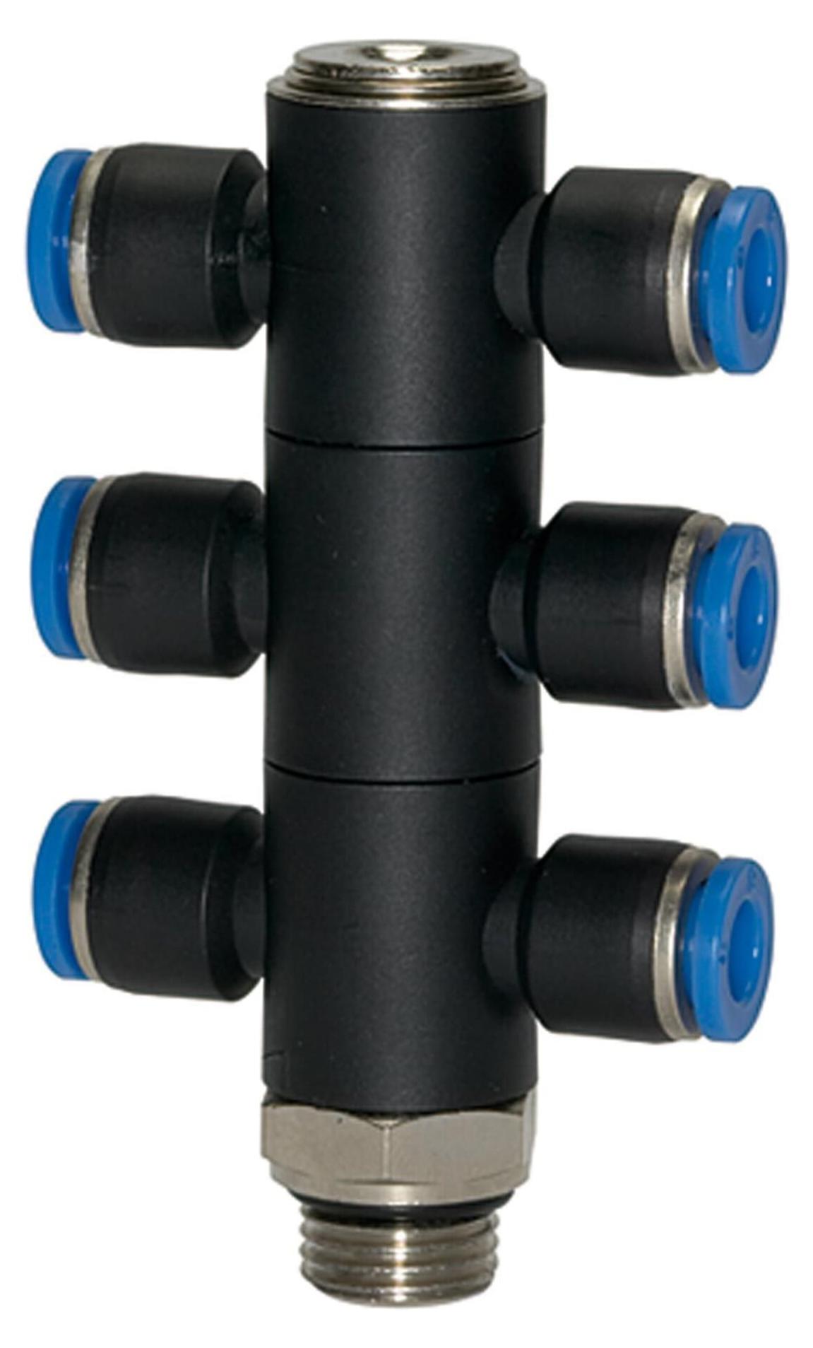 Riegler T-Mehrfachverteiler »Blaue Serie«, 6-fach, drehbar, G 1/4 a. Ø 4mm 177.014-4