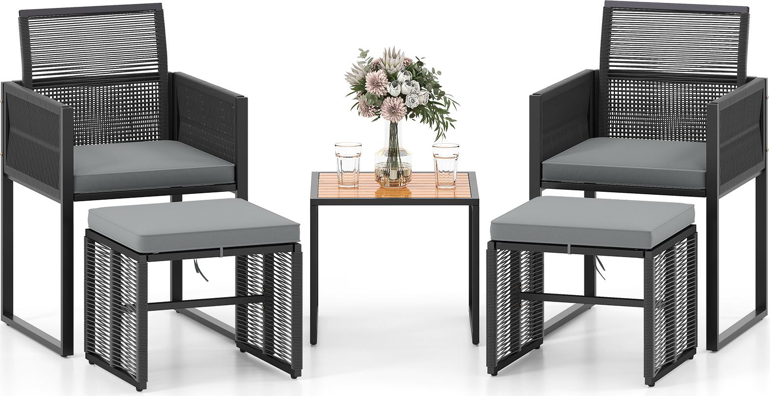 5-dielna súprava ratanového záhradného nábytku, vonkajší nábytok na sedenie so stolom z agátového dreva, kreslami z PE ratanu, odnímateľnými poťahmi na vankúše a stohovateľným otomanom