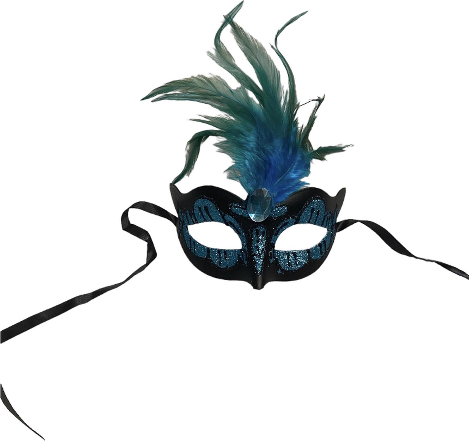 Maska-venetská maska svetlomodrá so svetlomodrým kameňom a pierkom