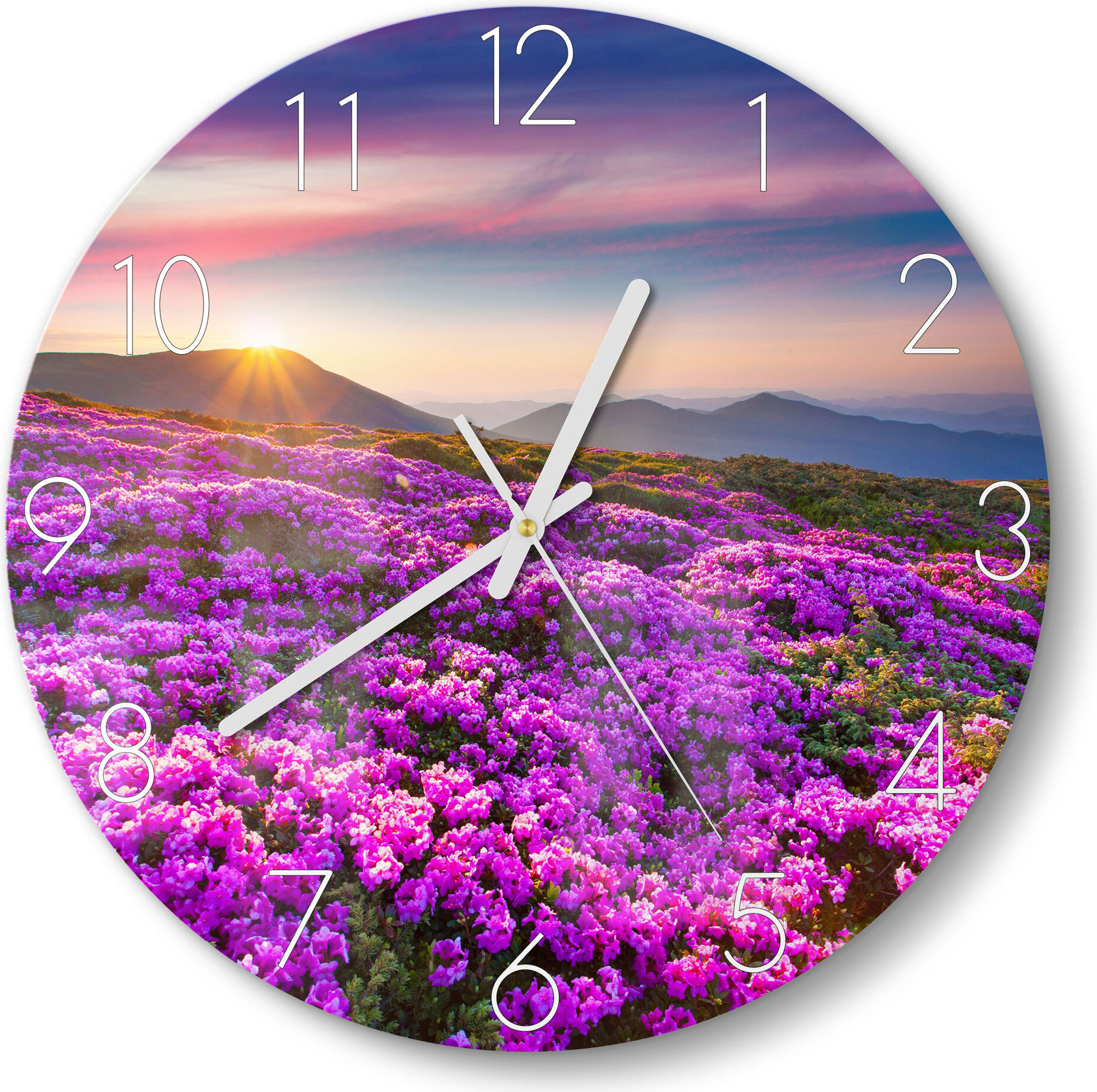 DEQORI Glasuhr Ø30 cm Zahlen 'Magische Bergwiese' Wanduhr Glas Uhr Design leise WC-D30-N-2075